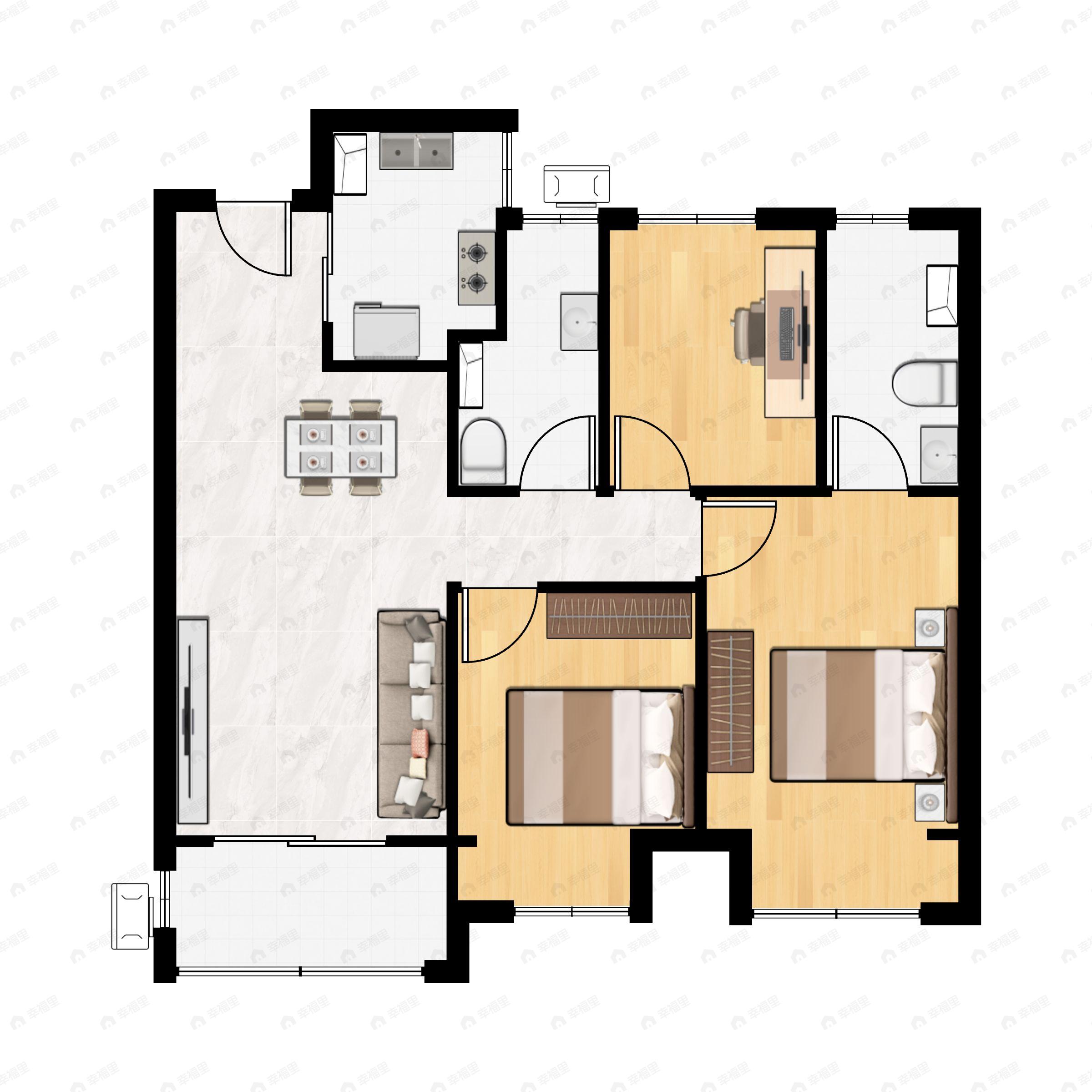 3室2厅2卫建面100m²北|南户型图