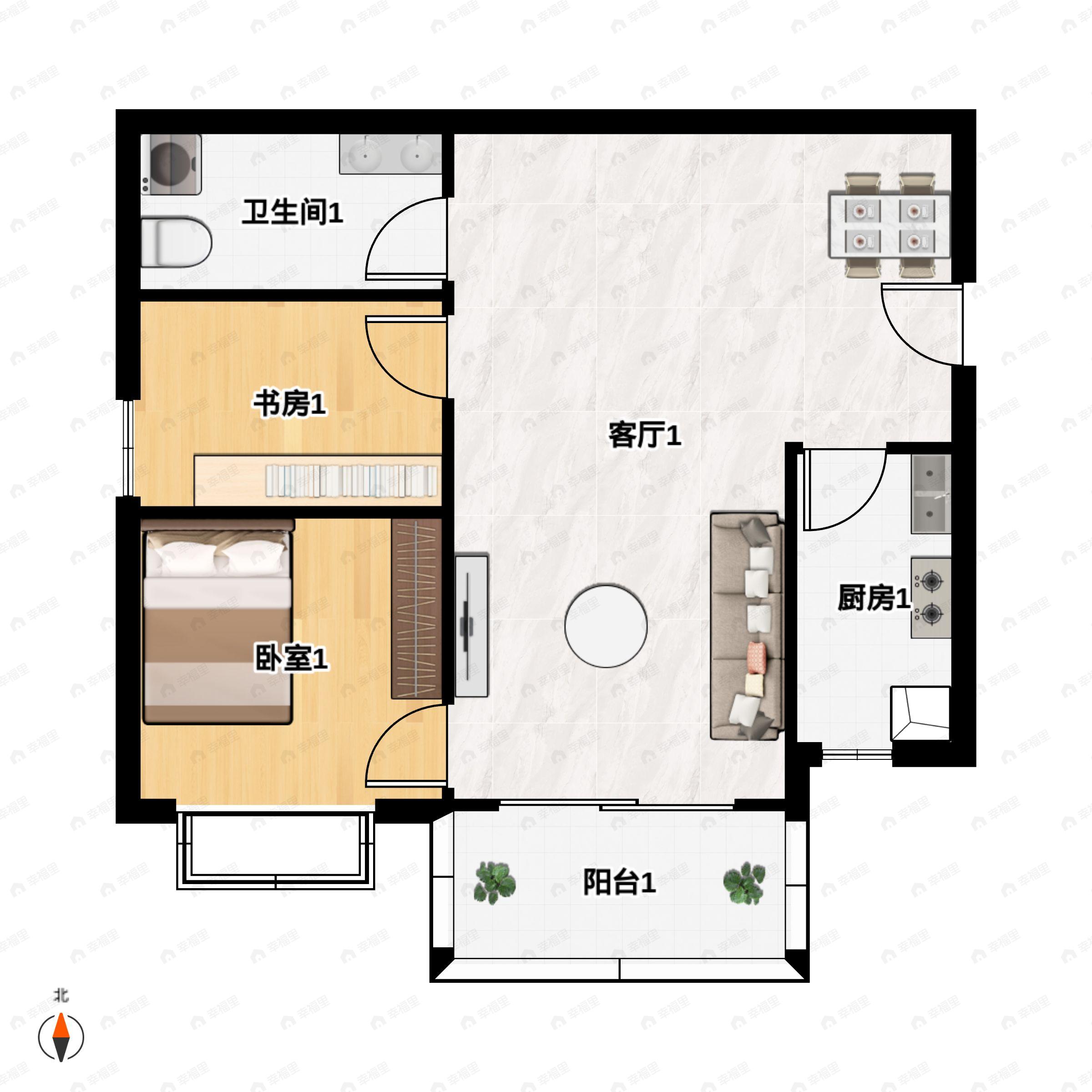 2室2厅1卫建面75m²北|南户型图