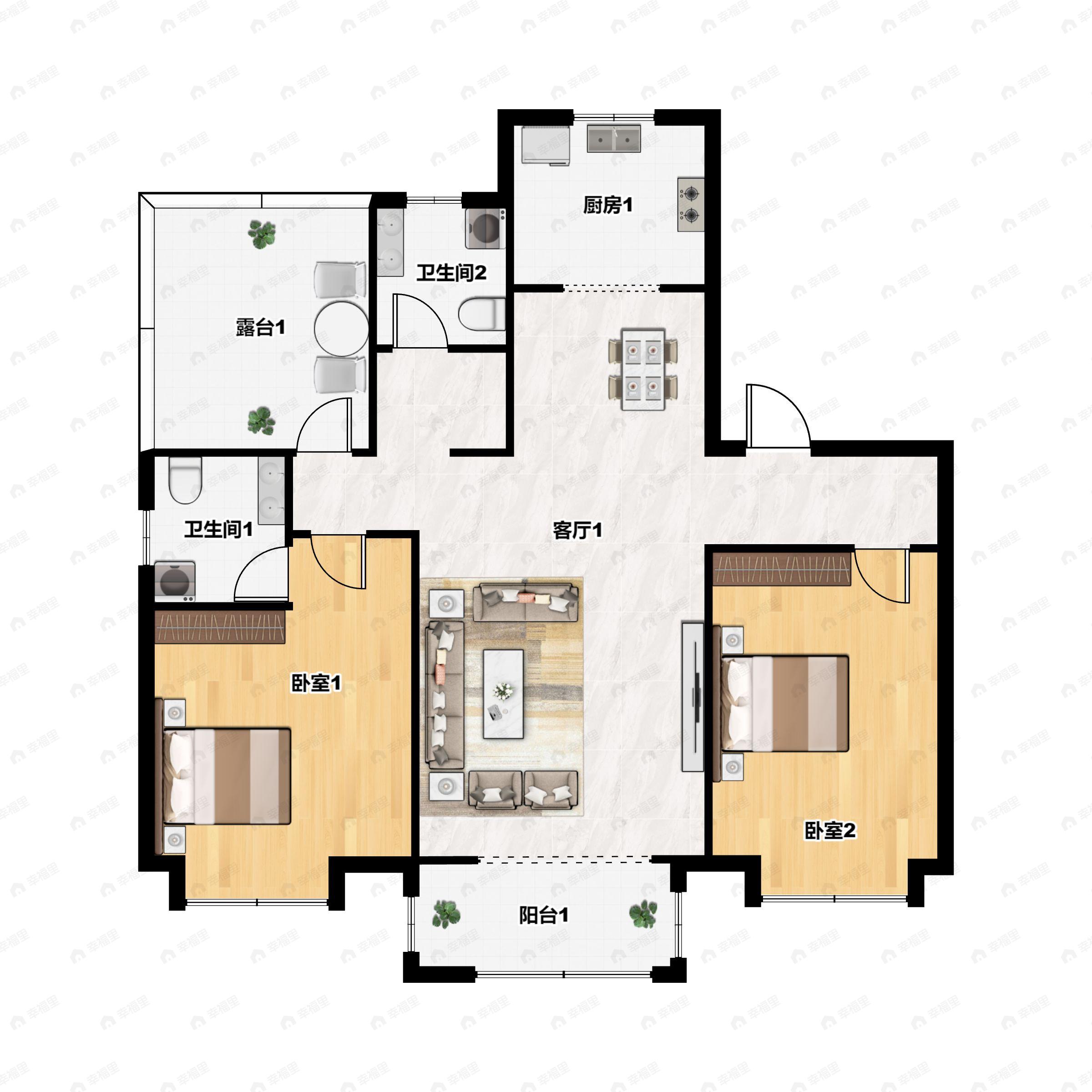 2室2厅2卫建面106平南户型图