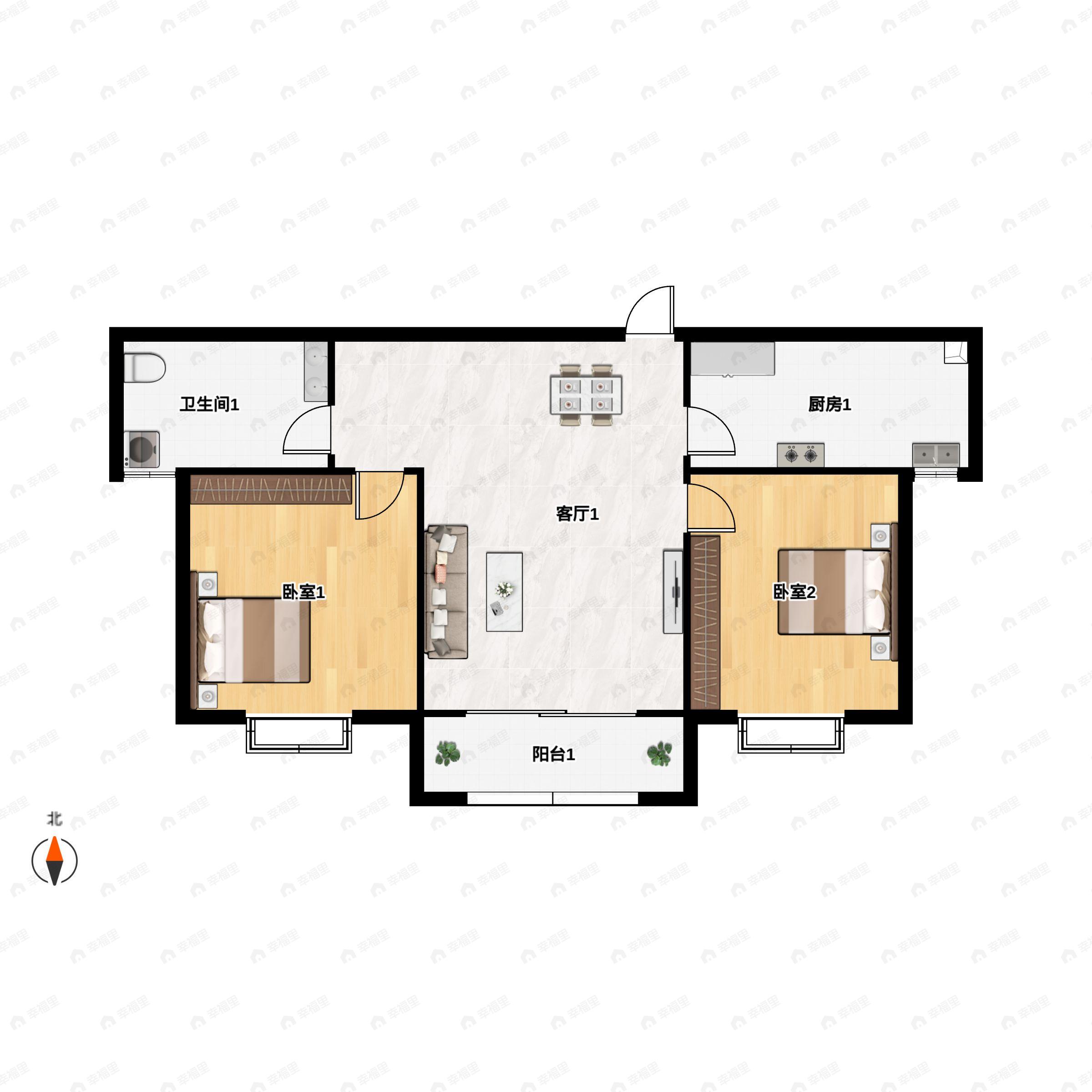 2室2厅1卫建面81m²南户型图