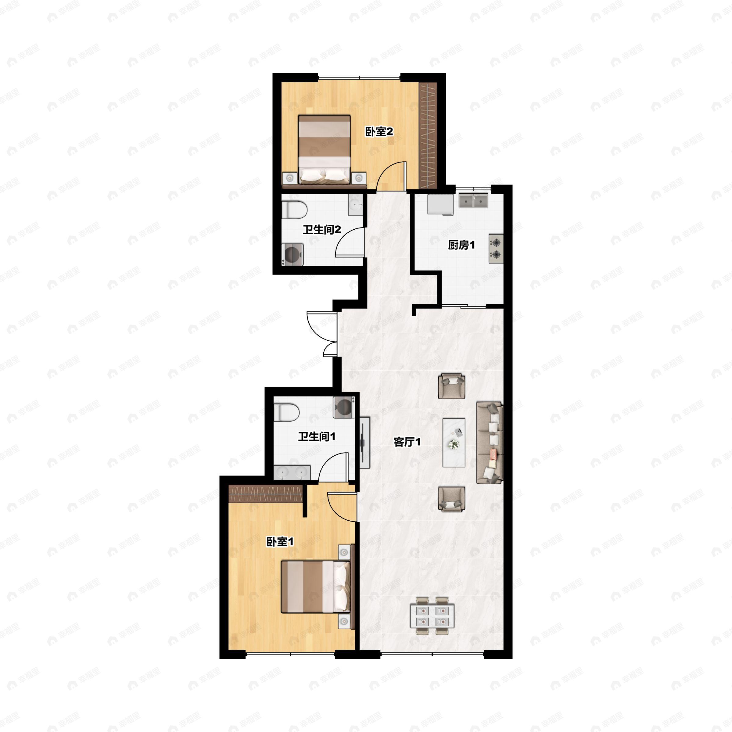 2室2厅2卫建面114平户型图