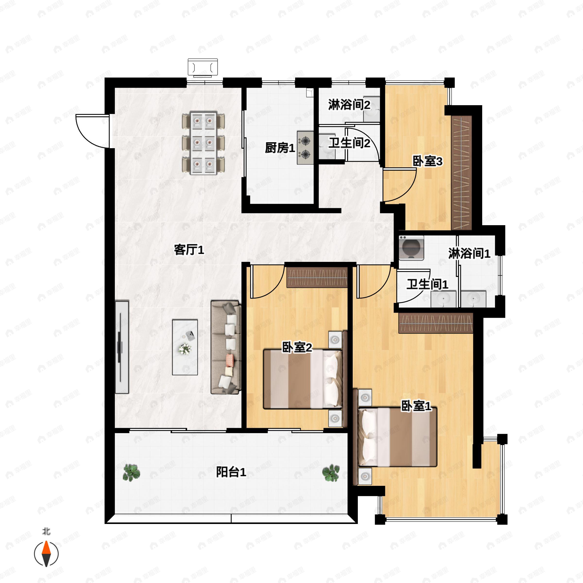 3室2厅2卫建面105m²南户型图