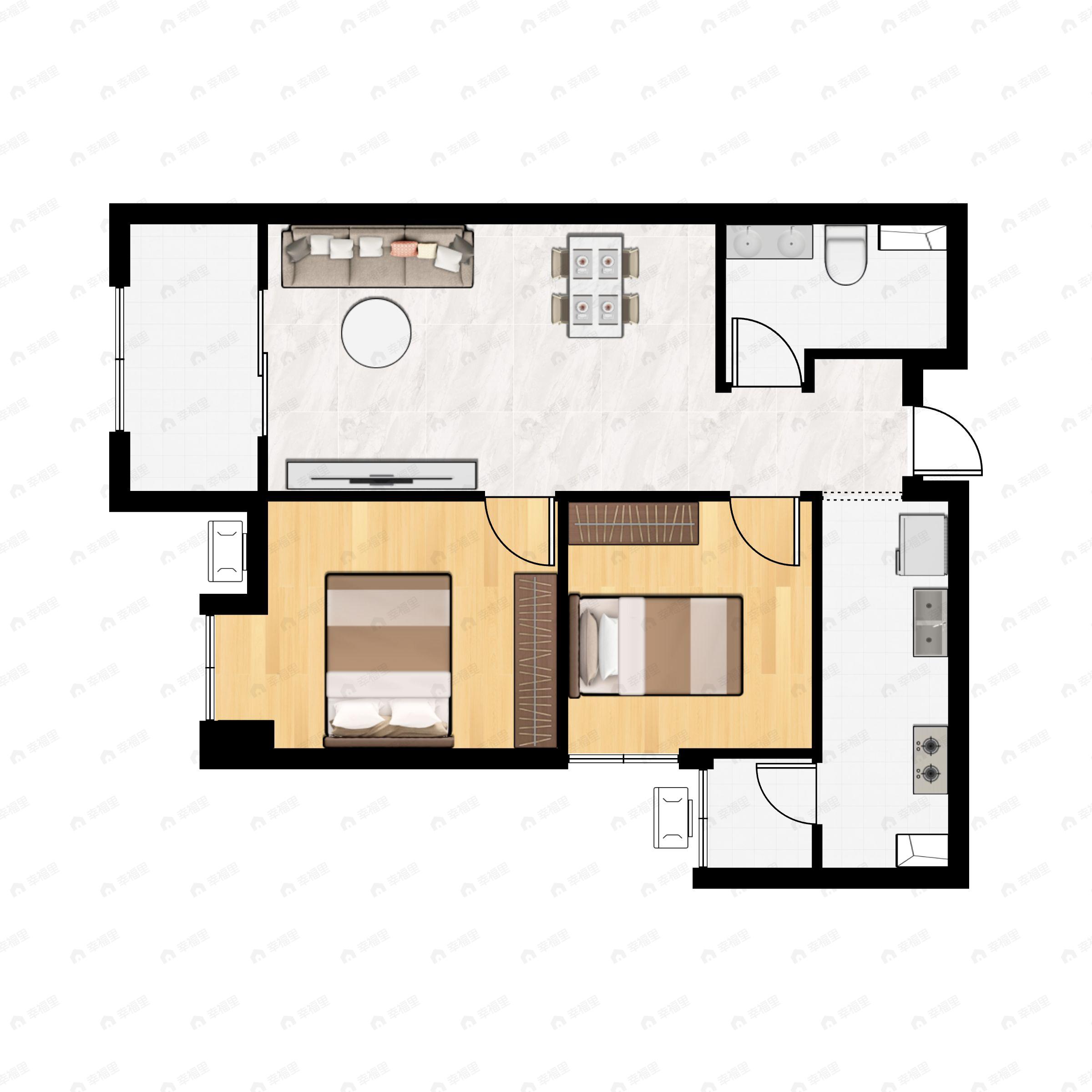 2室2厅1卫建面91m²南|北户型图
