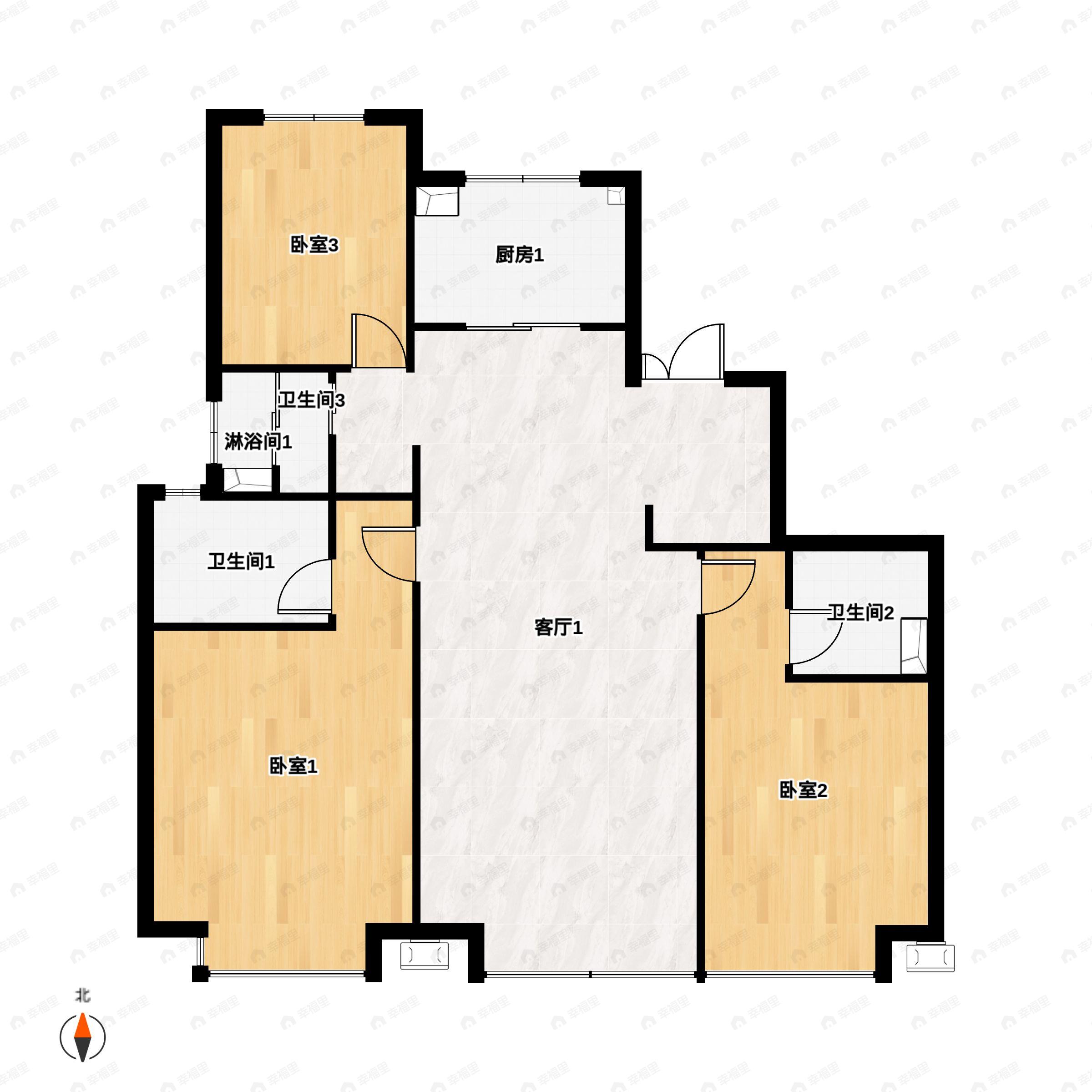 3室2厅3卫建面141m²南|北户型图