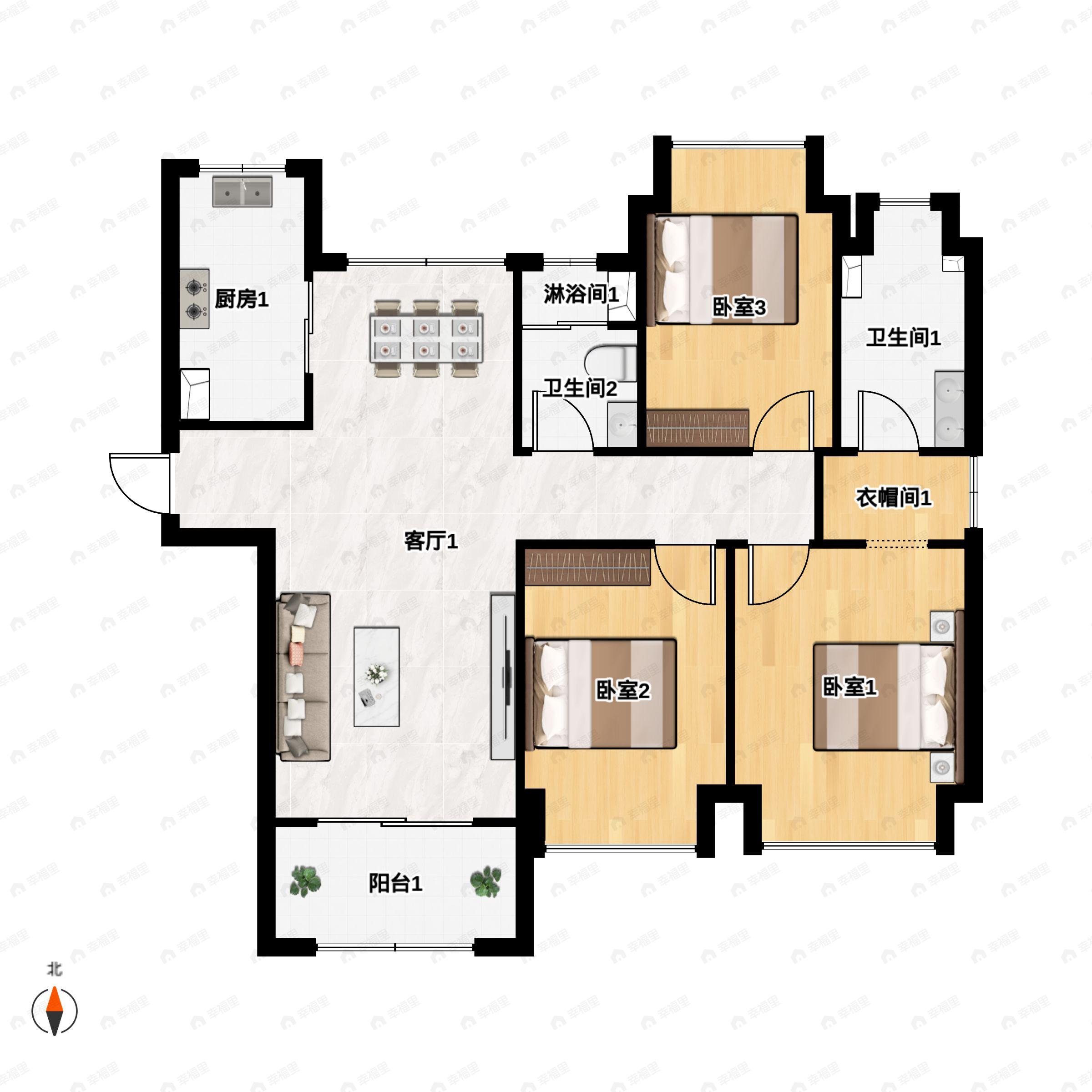 3室2厅2卫建面135平南户型图