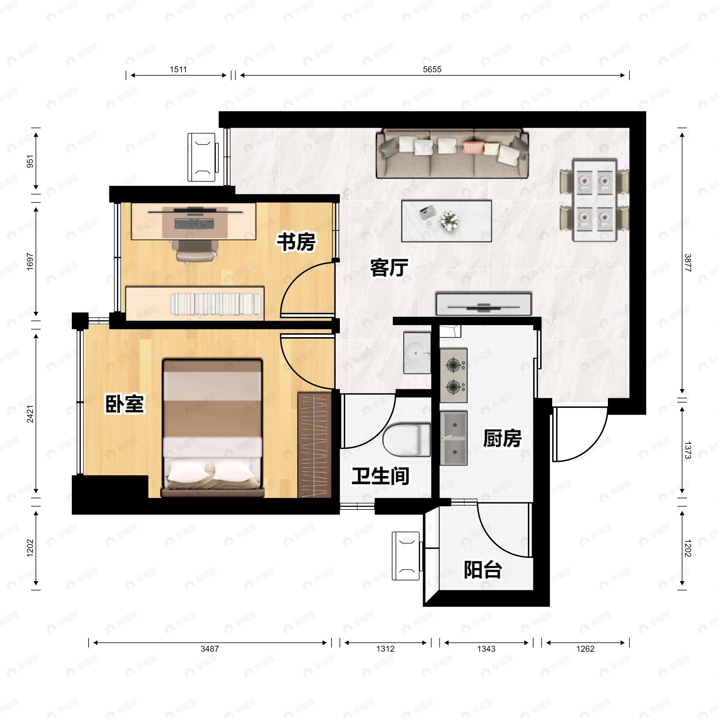 3室2厅1卫建面61平南户型图