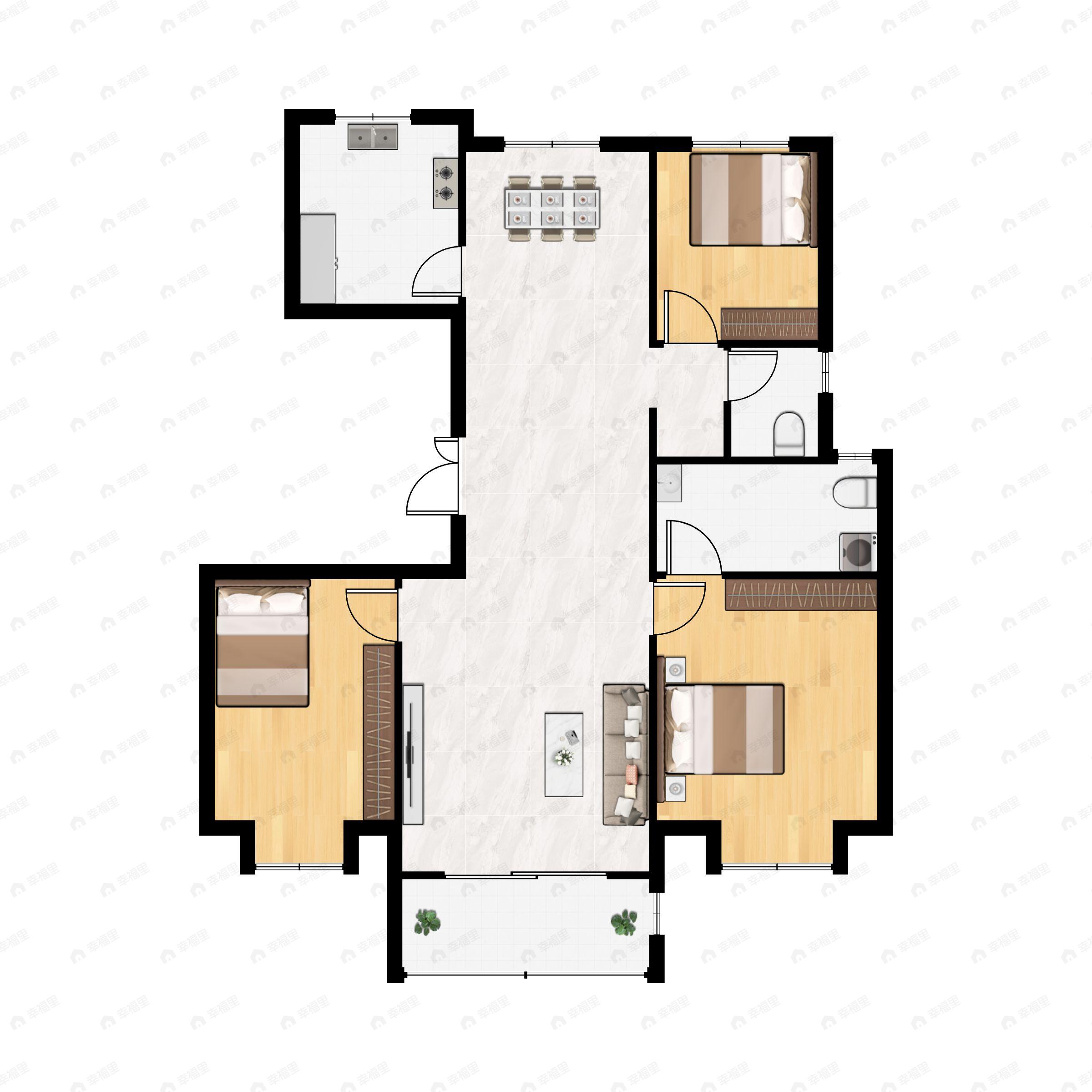3室2厅2卫建面128平北|南户型图