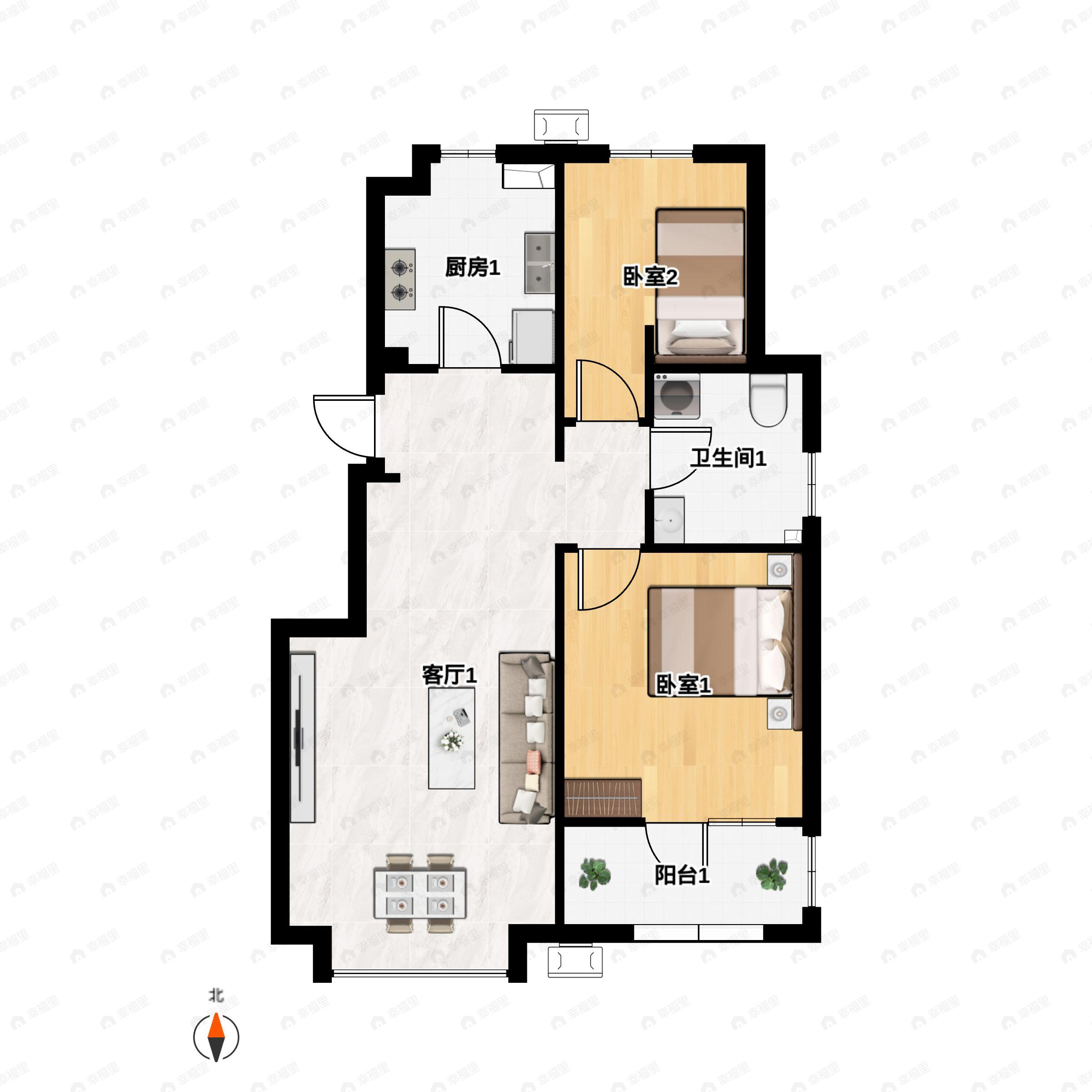 2室2厅1卫建面79m²北|南户型图