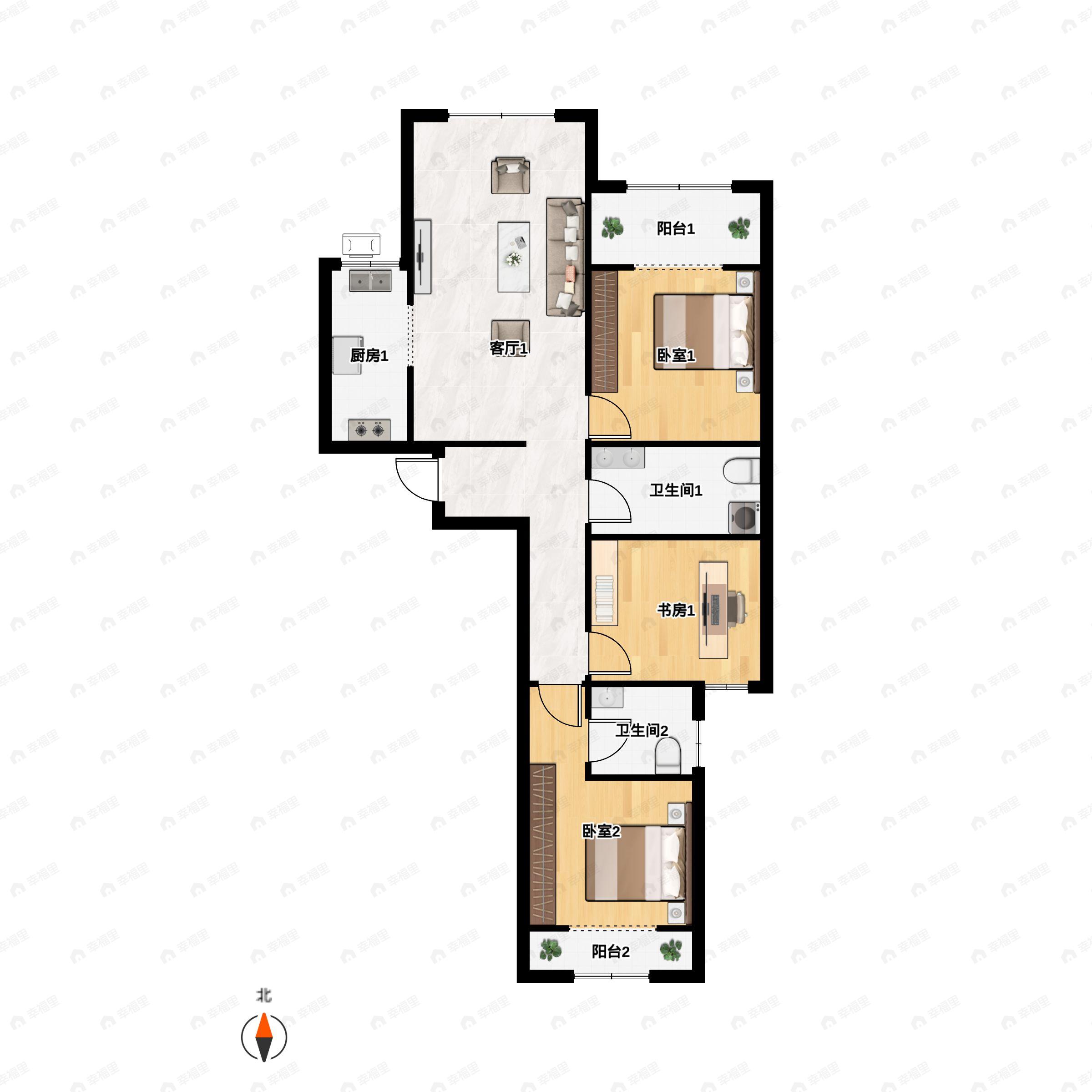 3室2厅2卫建面121平南|北户型图