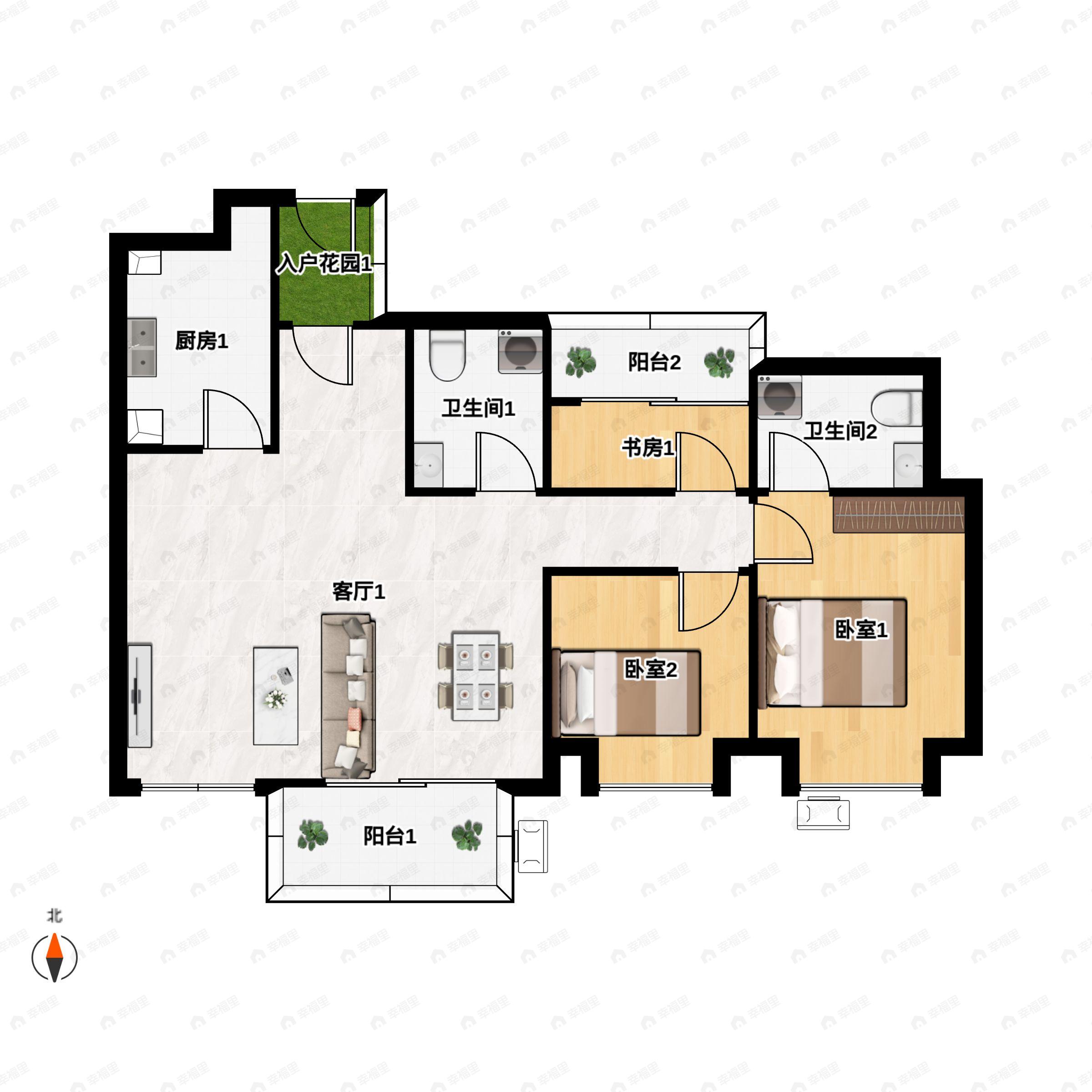 2室2厅2卫建面85平户型图