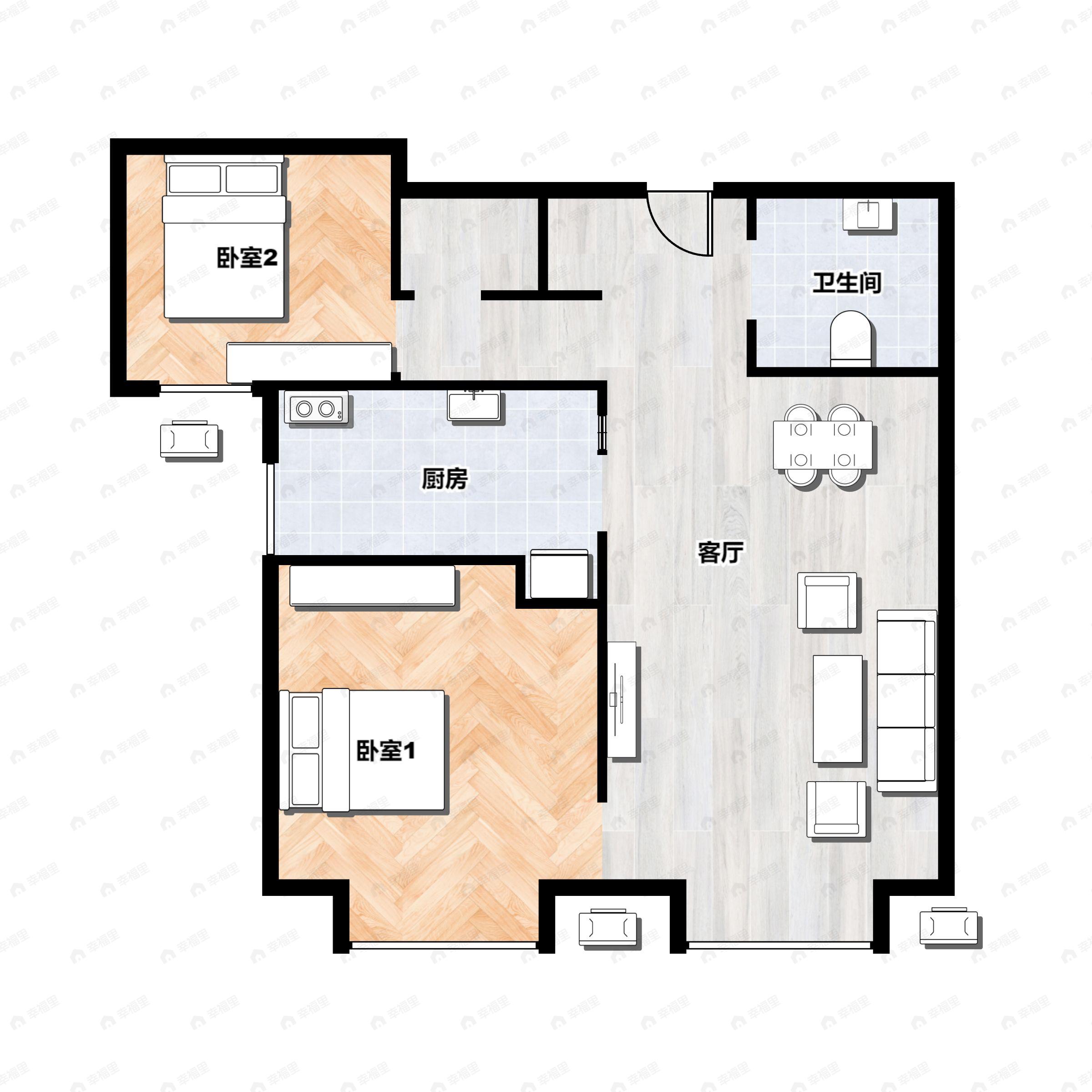 2室2厅1卫建面82m²南户型图