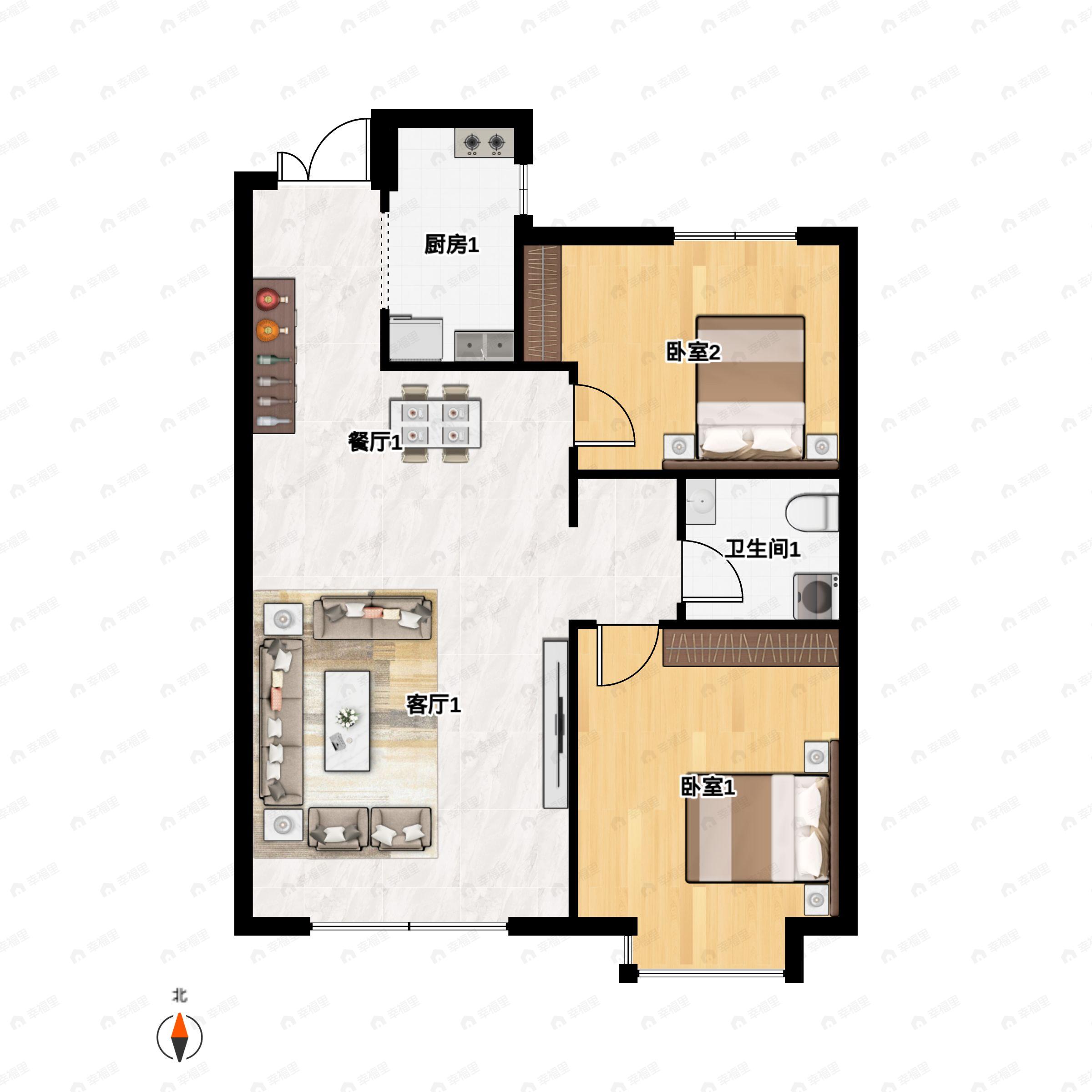 2室2厅1卫建面89m²南户型图