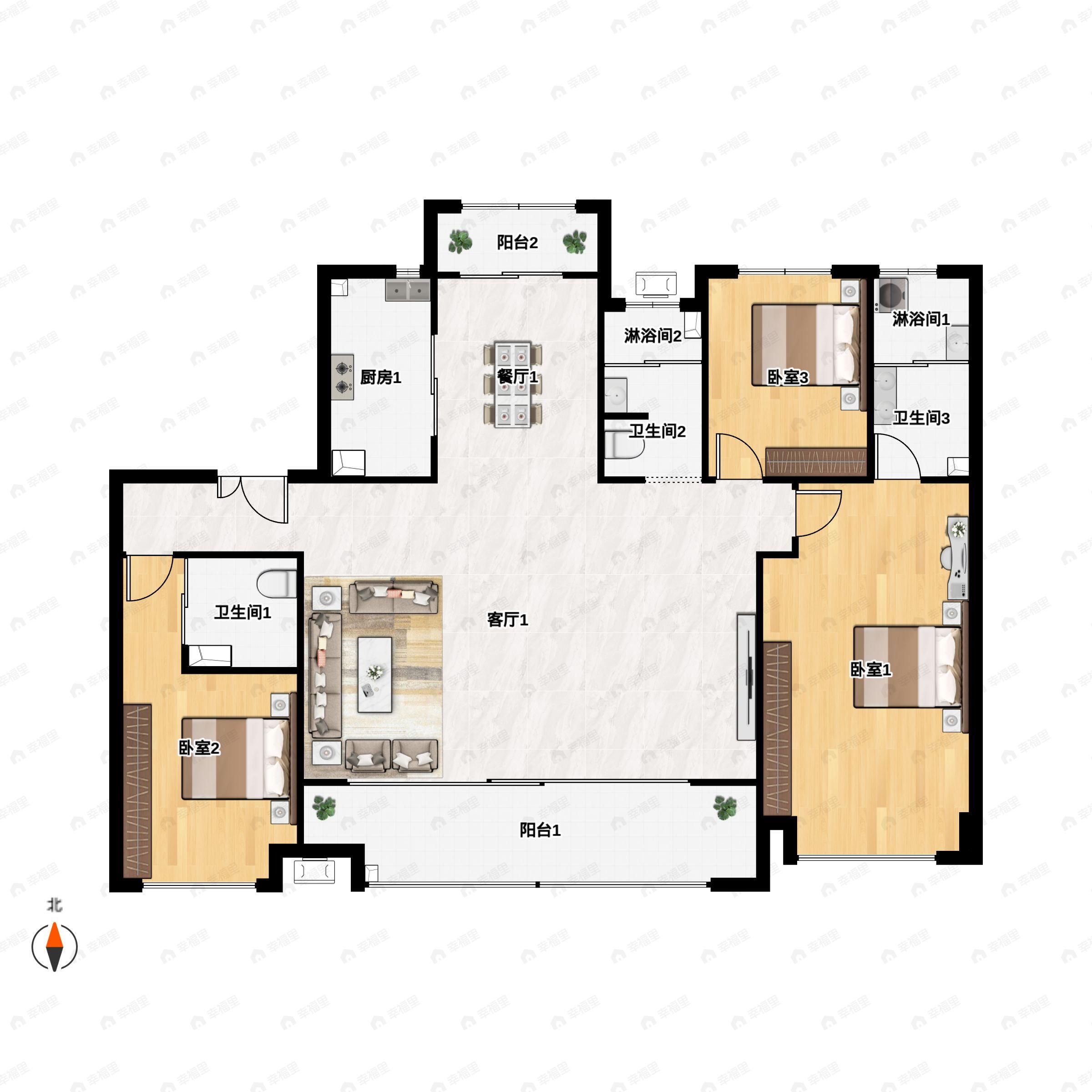 3室2厅3卫建面170m²南户型图