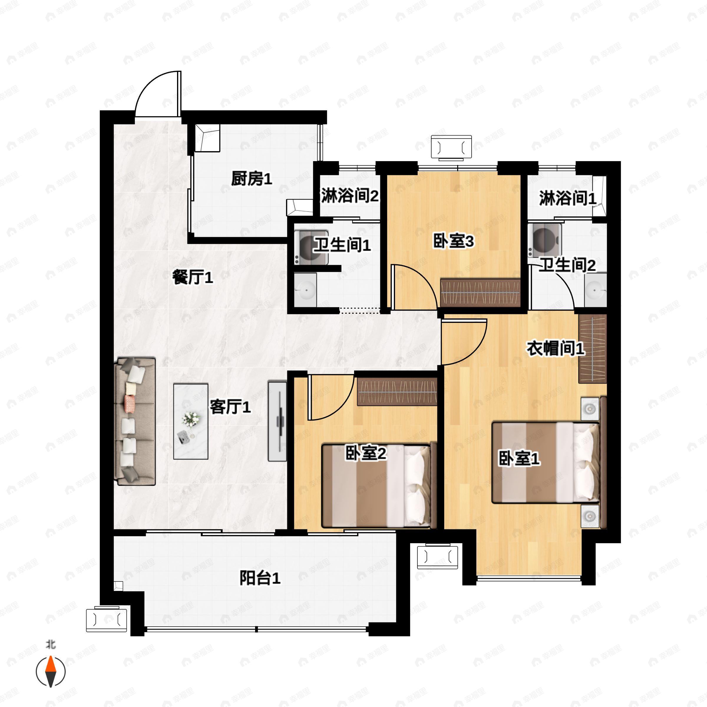 3室2厅2卫建面95平北|南户型图