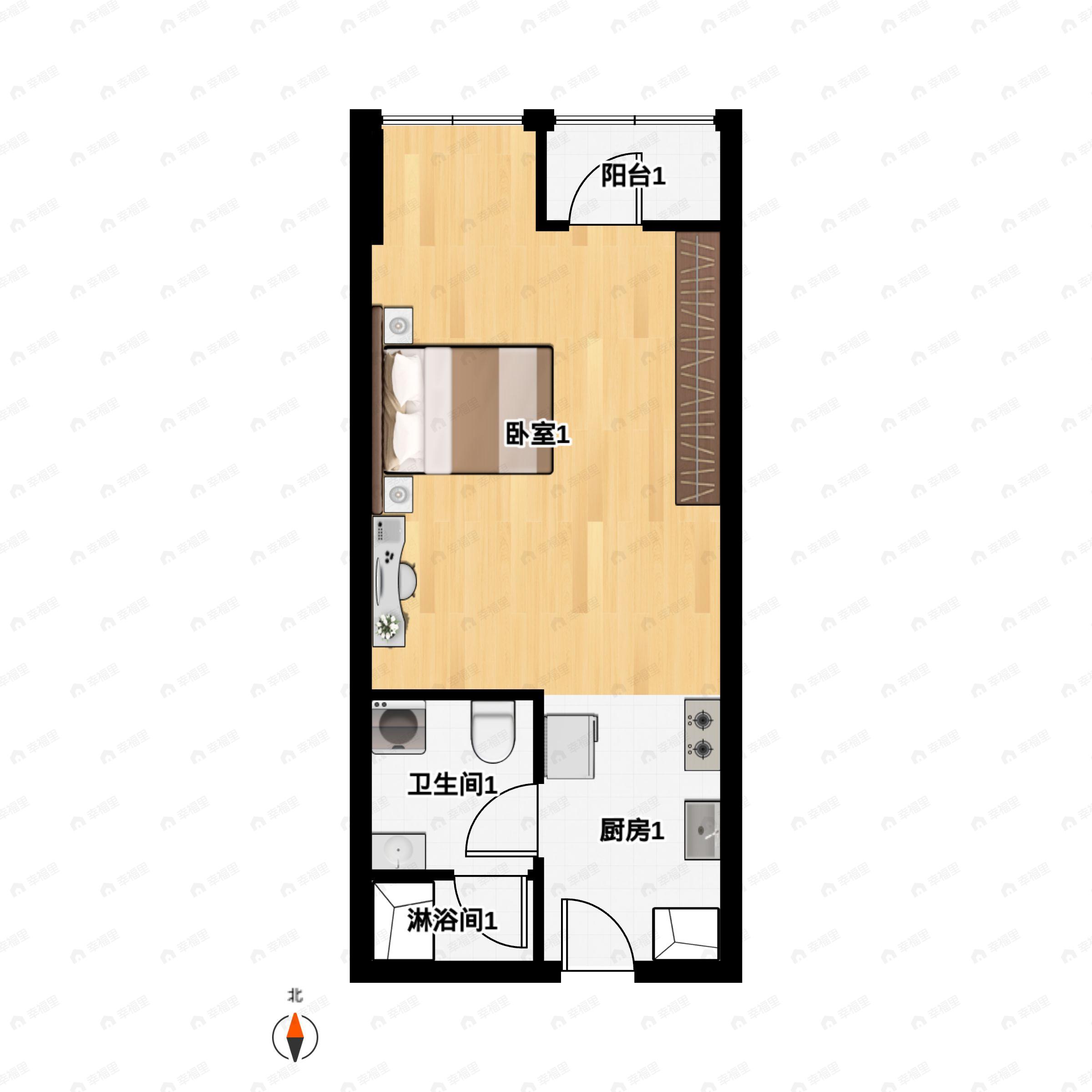 1室2厅1卫建面42m²东北|北|西南|南户型图
