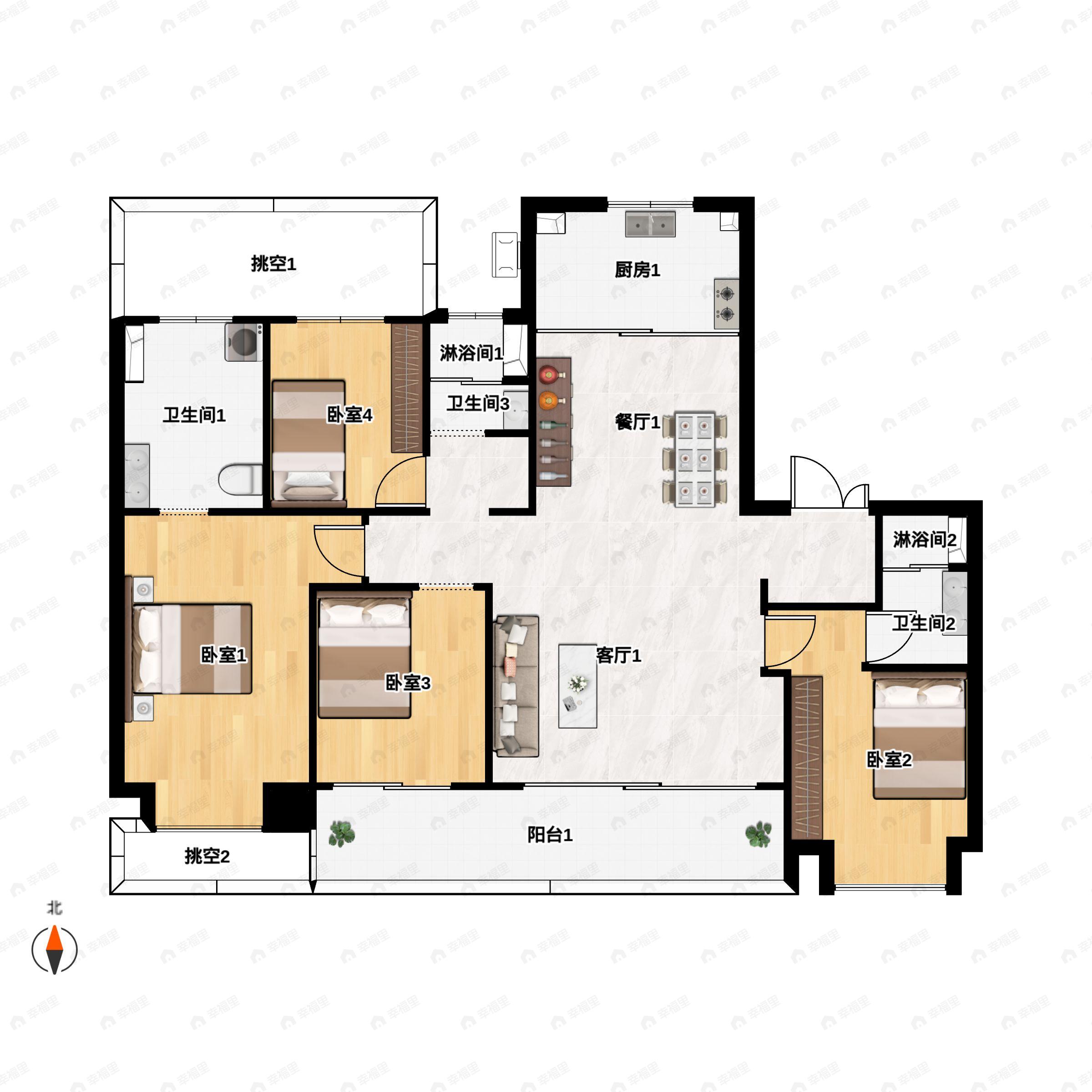 4室2厅3卫建面168平南户型图