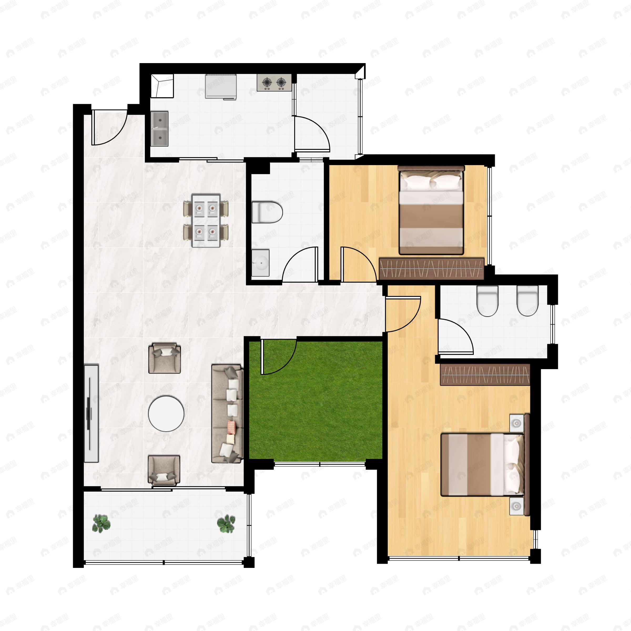 3室2厅2卫建面100m²南|东南|西南户型图