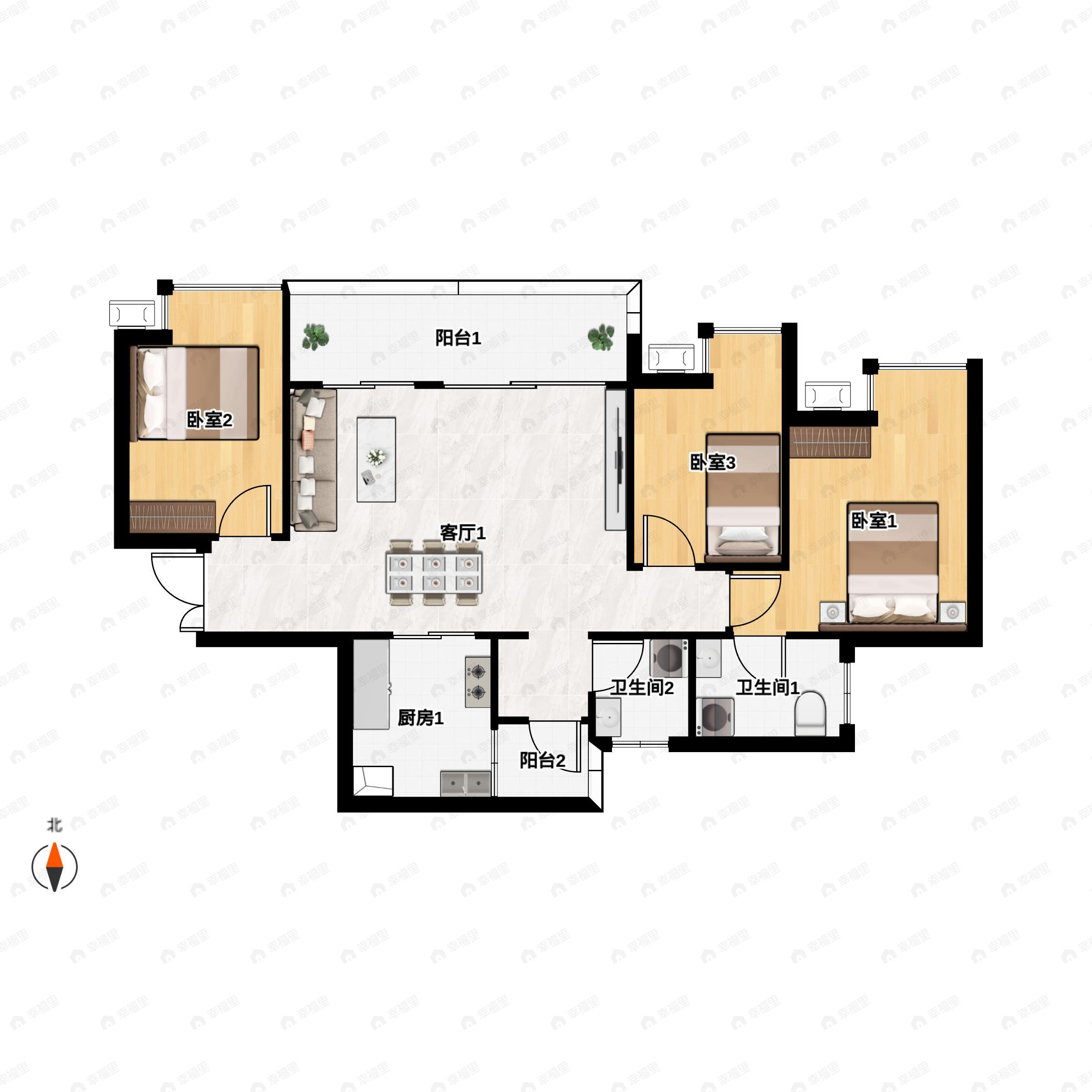 3室2厅2卫建面97m²南户型图