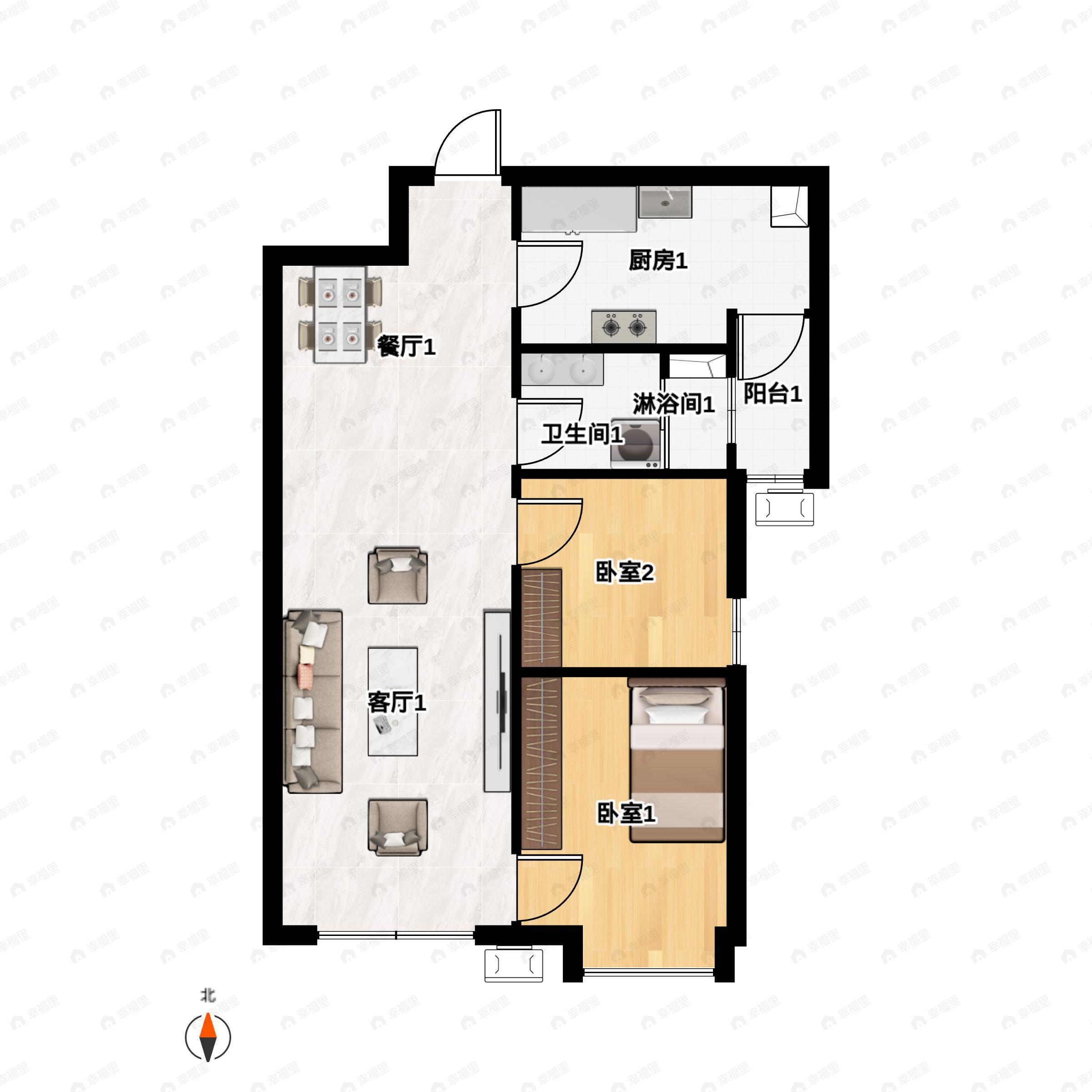 2室2厅1卫建面85m²南户型图