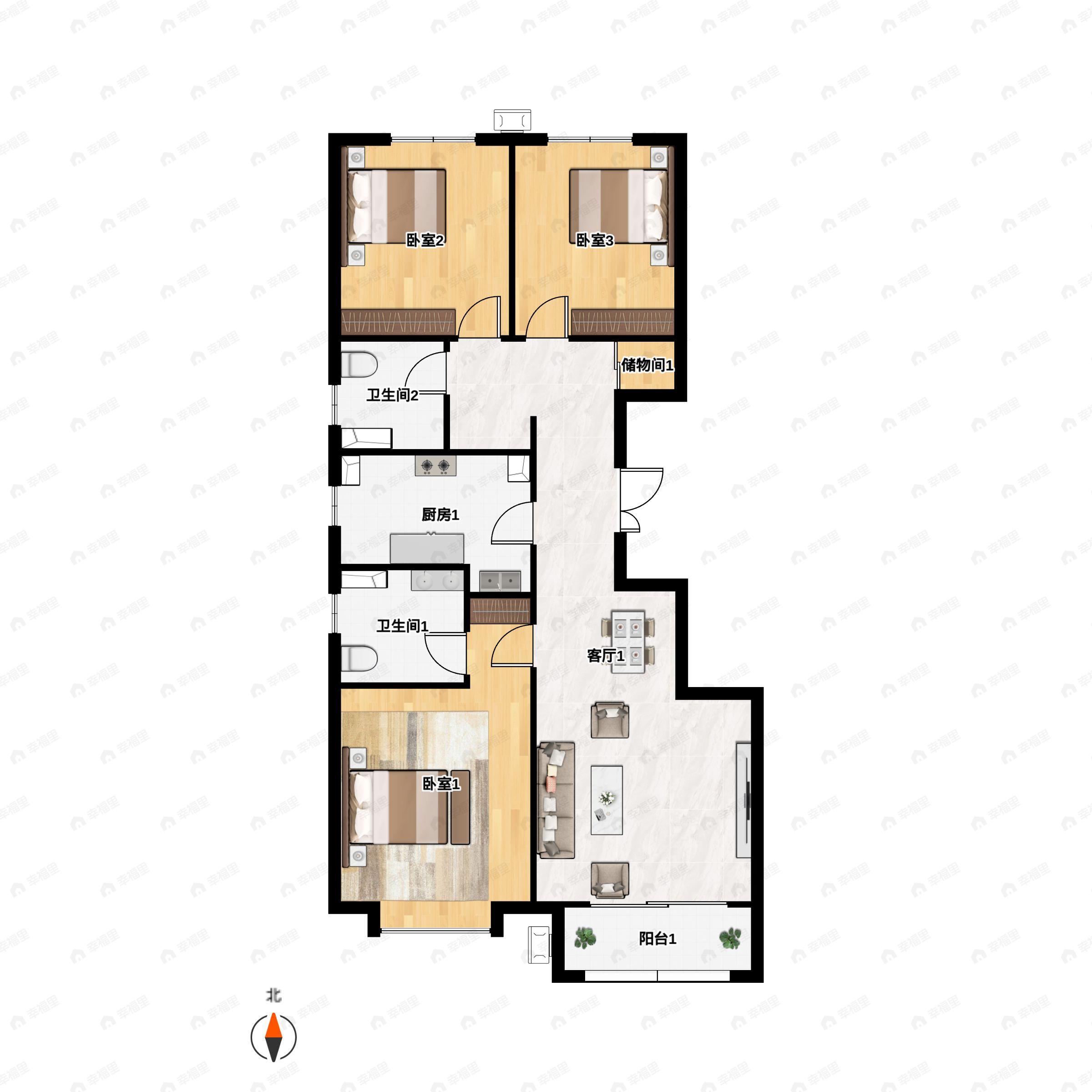 3室2厅2卫建面115m²南|北户型图