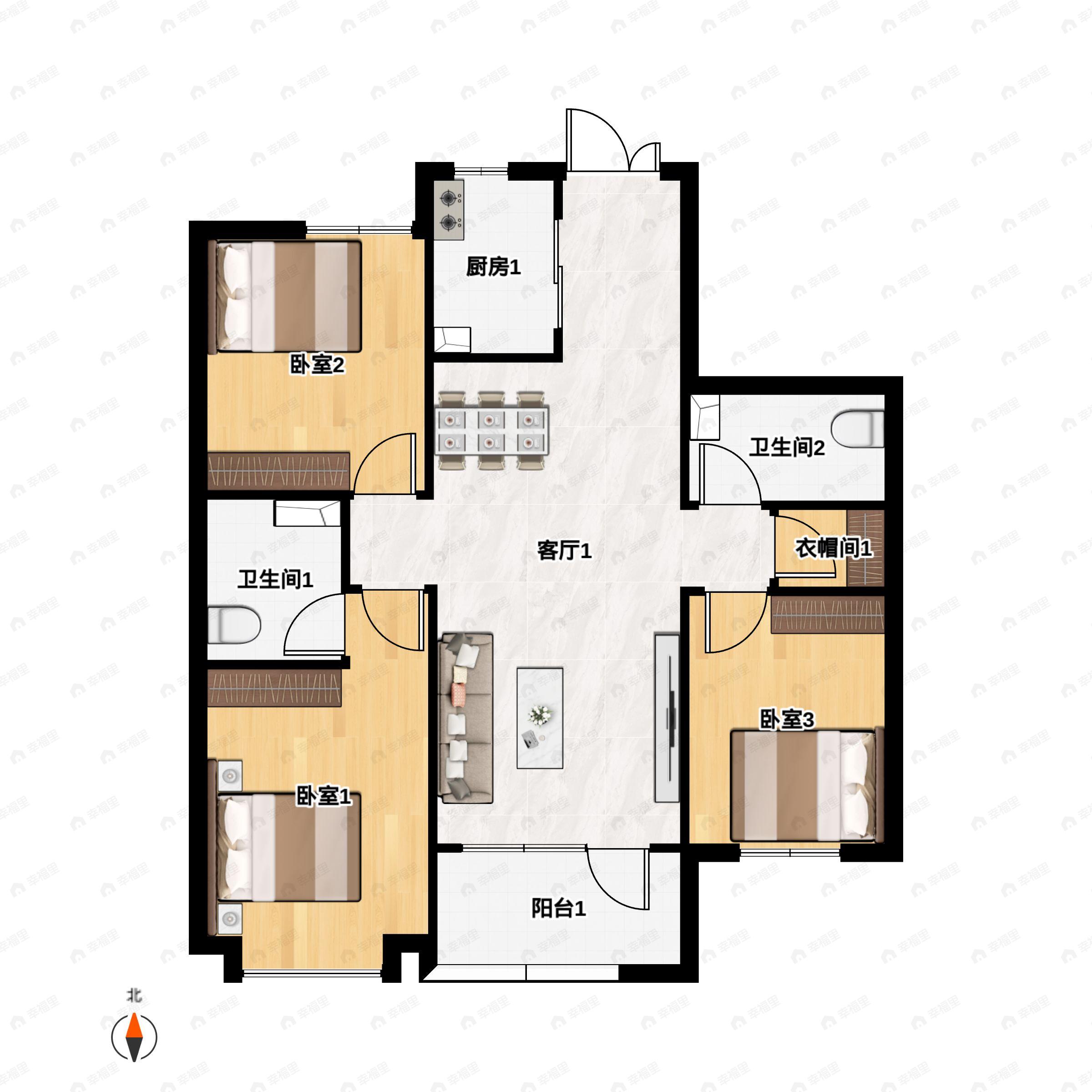 3室2厅2卫建面116m²南户型图