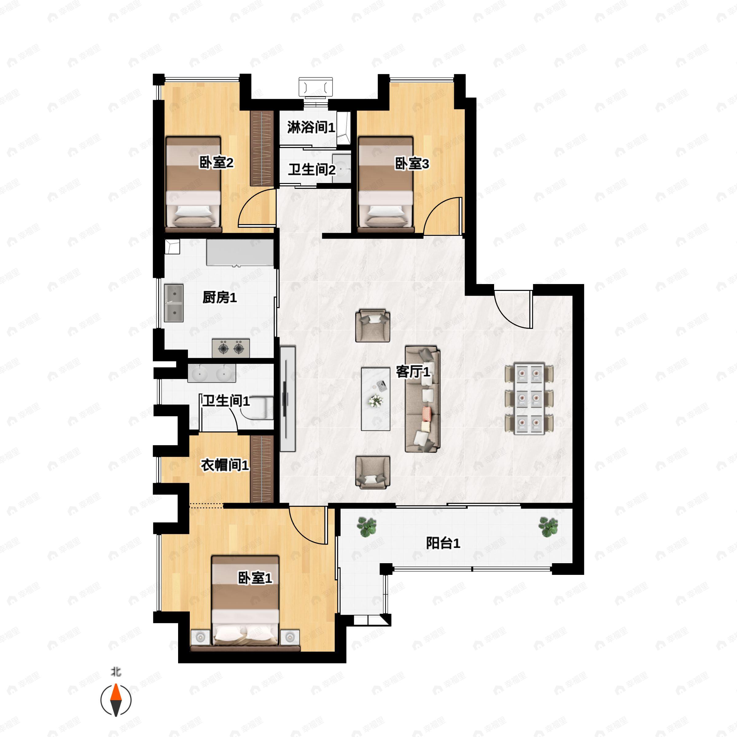 3室2厅2卫建面117平南户型图