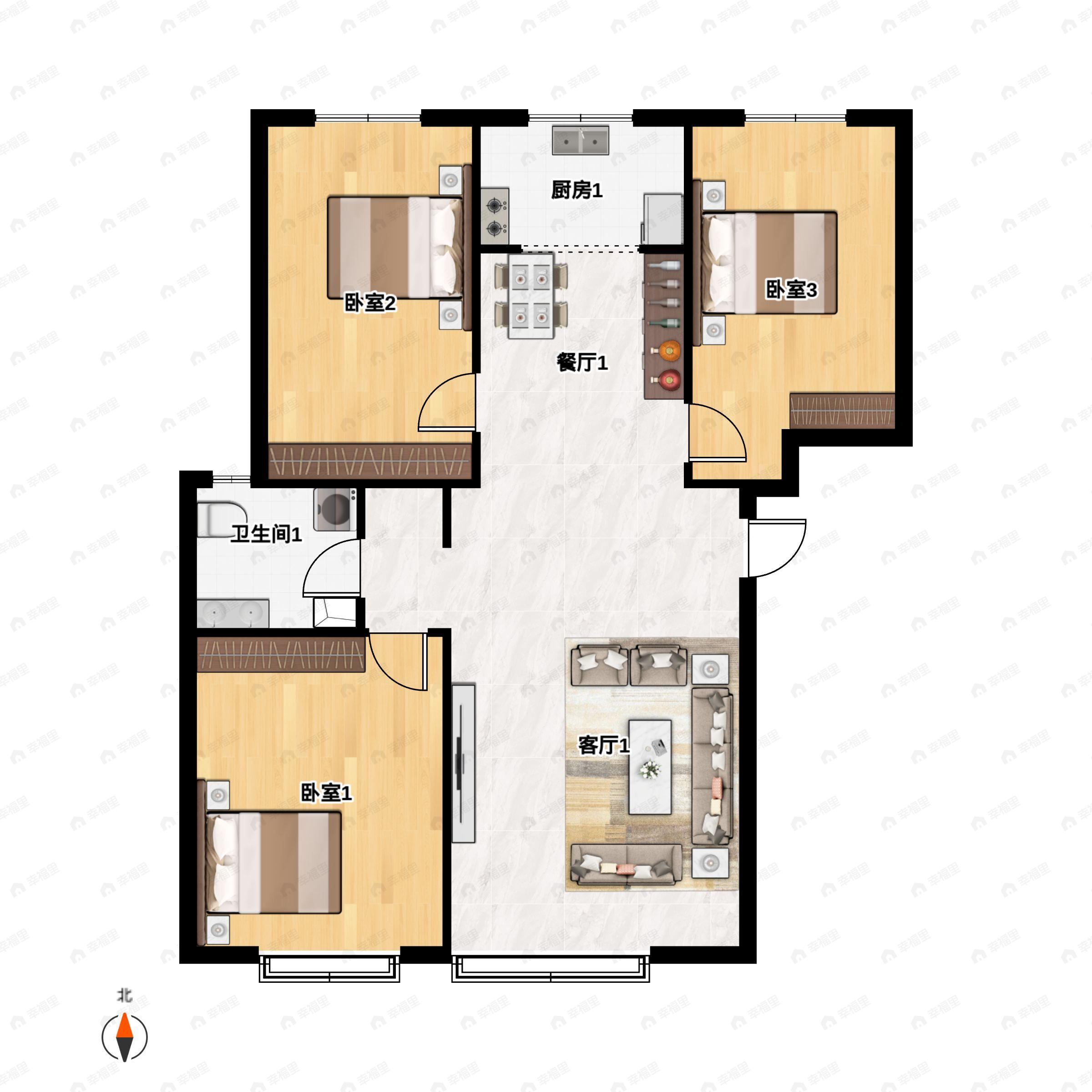 3室2厅2卫建面124平南户型图