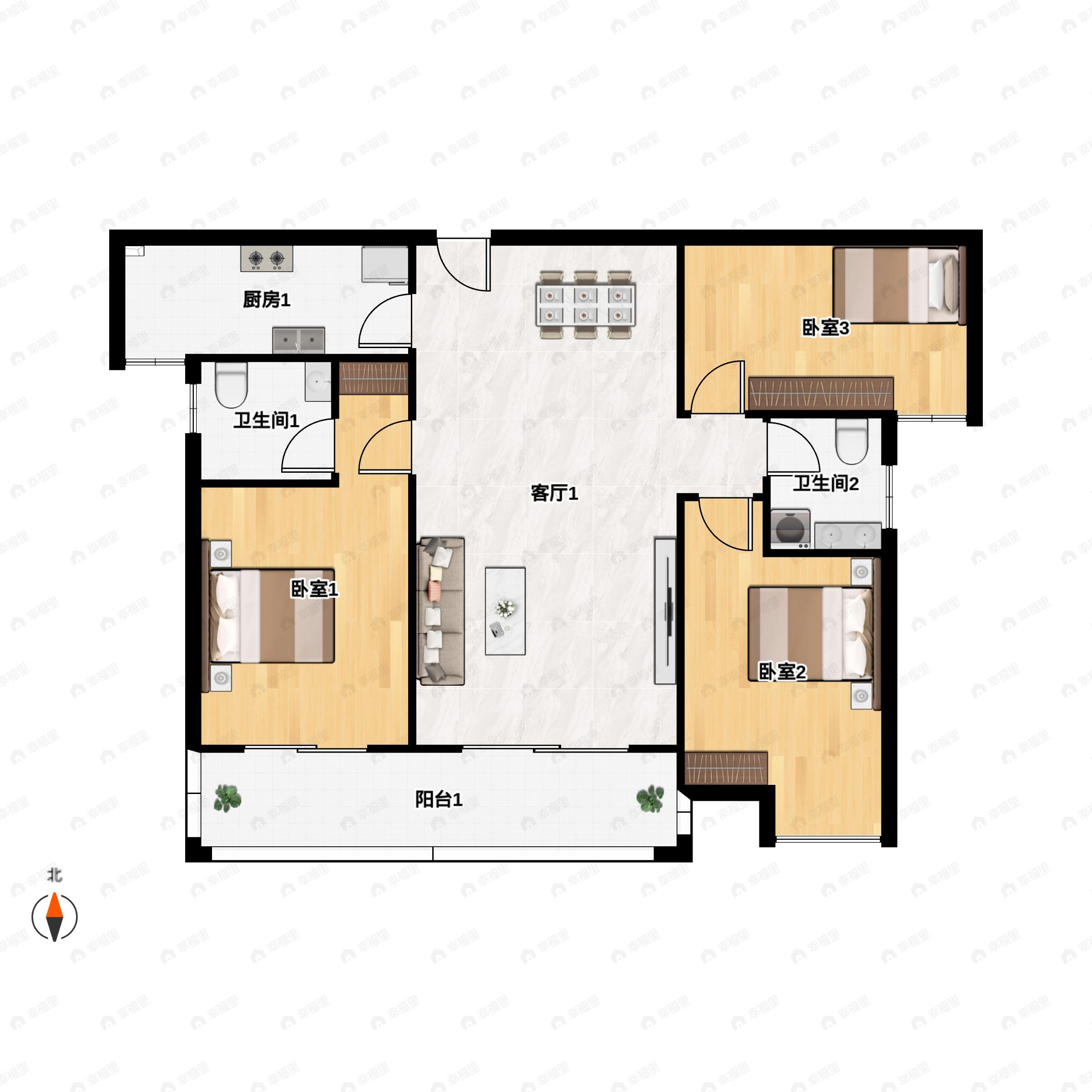 御湖园3室2厅2卫户型图