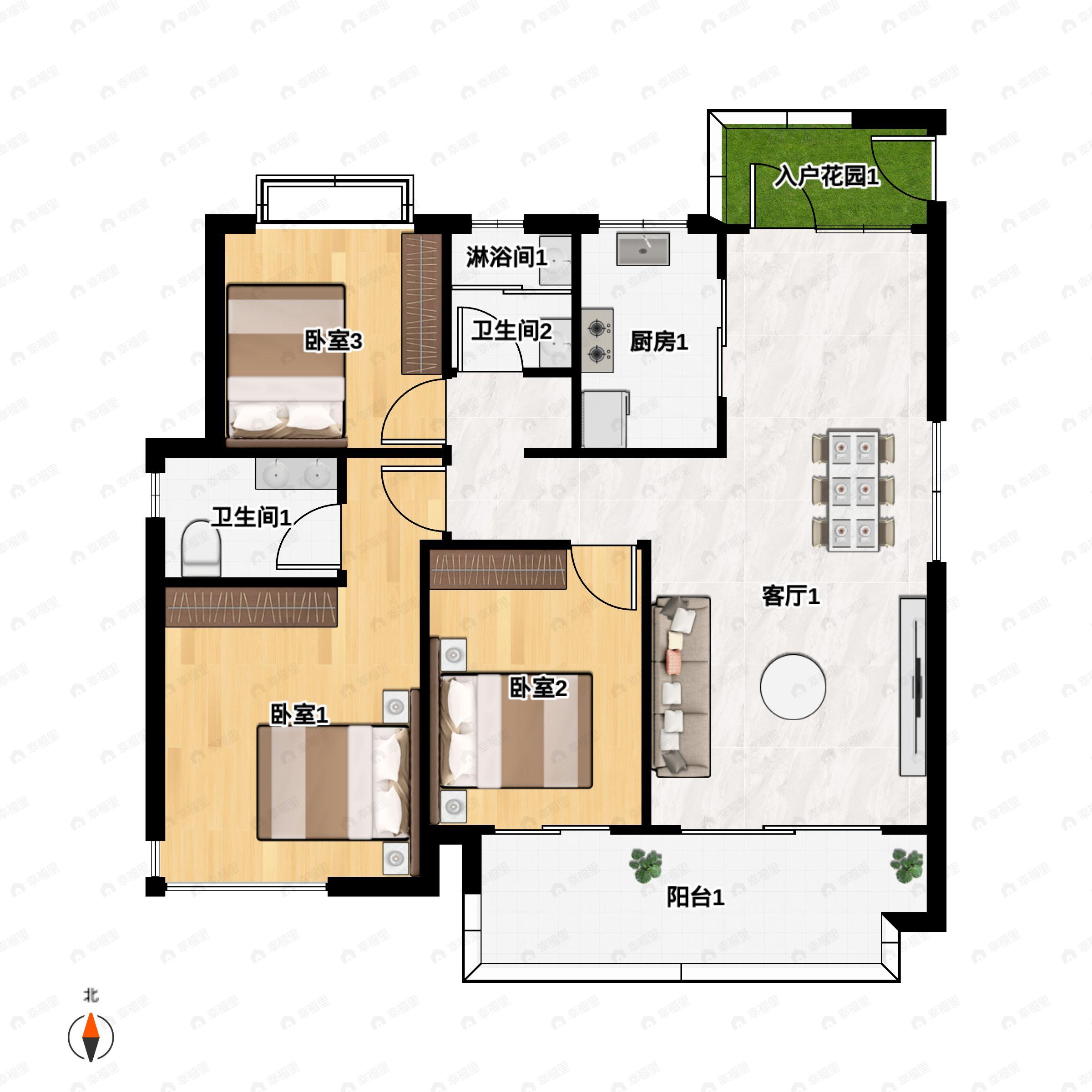 3室2厅2卫建面118m²南户型图
