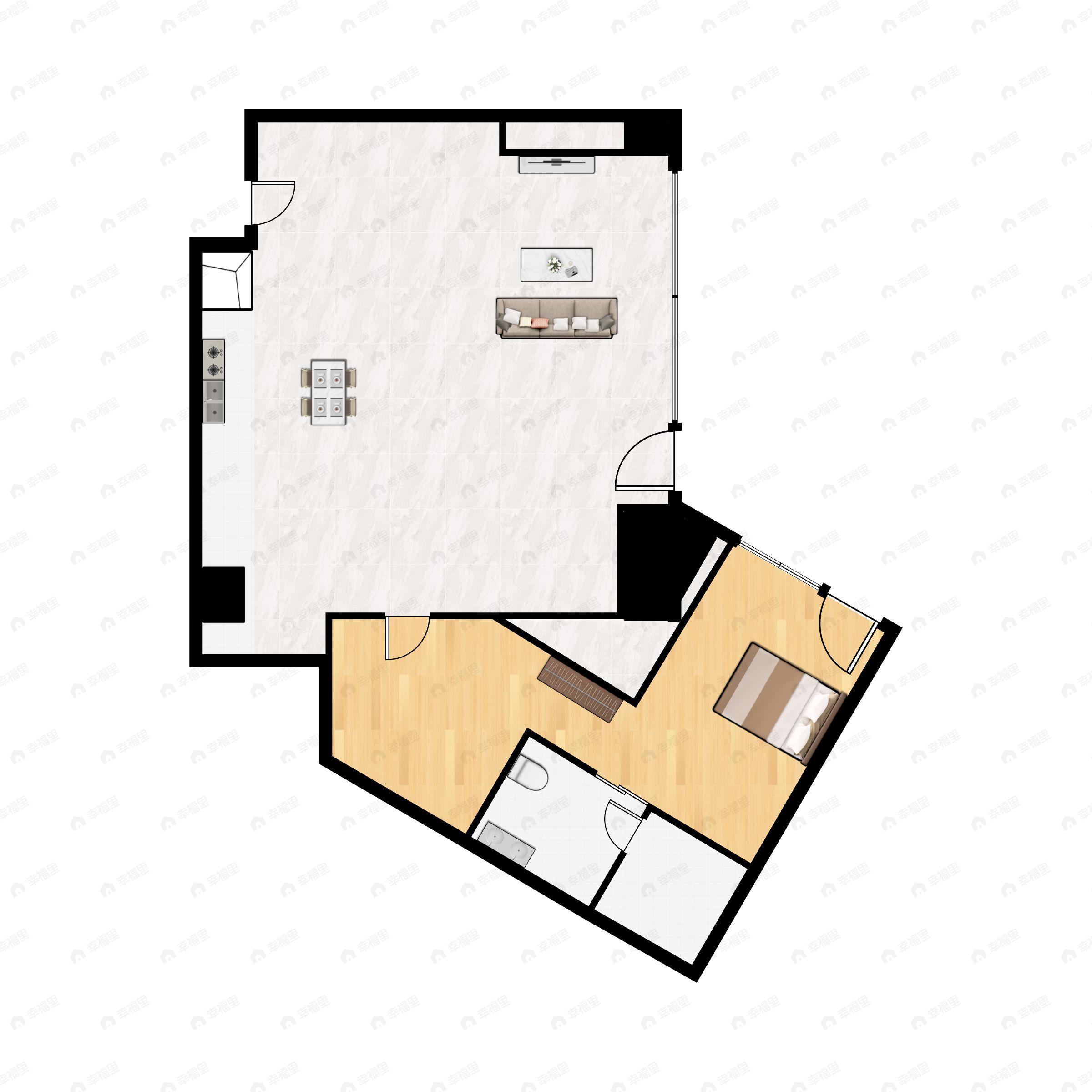 1室2厅1卫建面100m²东北户型图