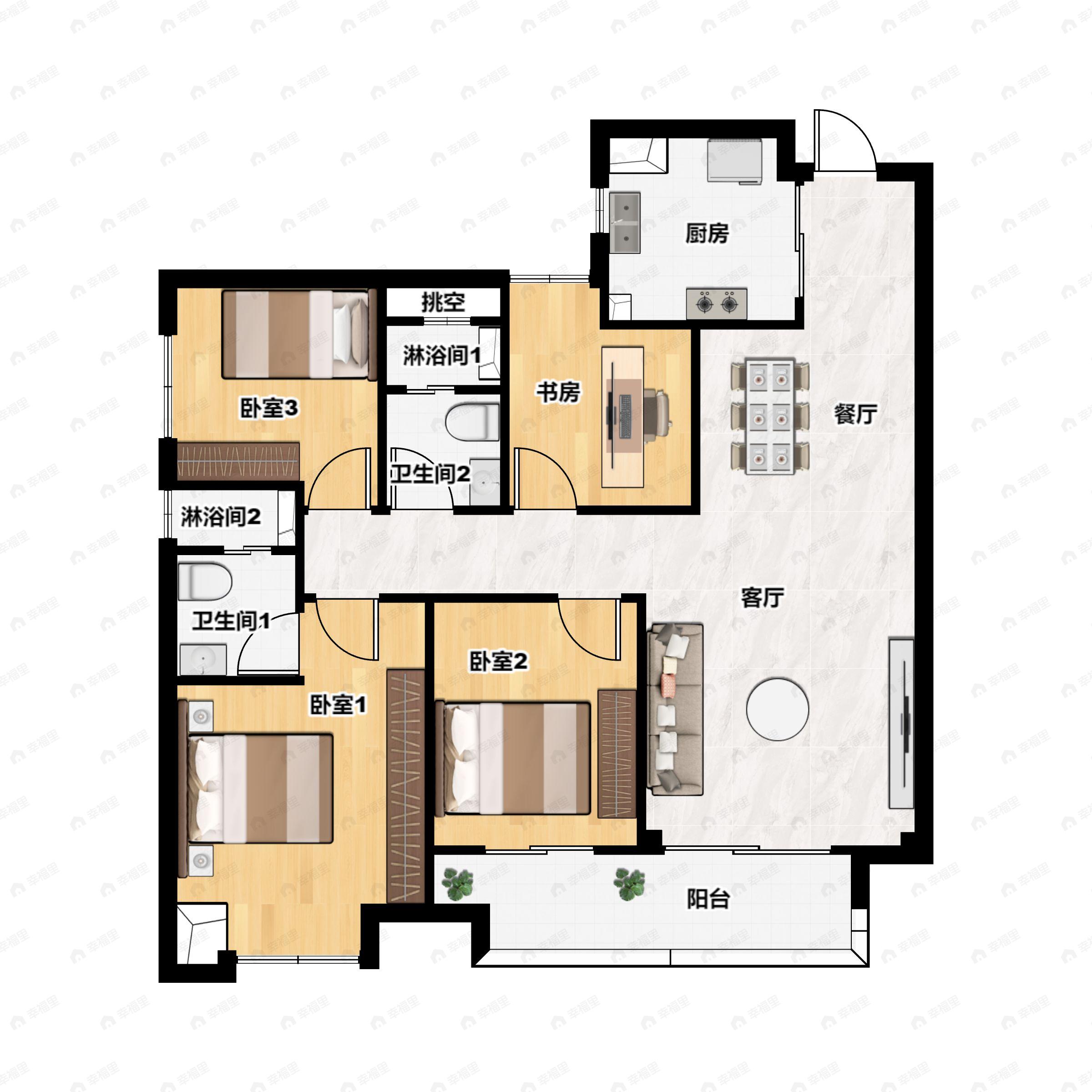 4室2厅2卫建面136平西南户型图