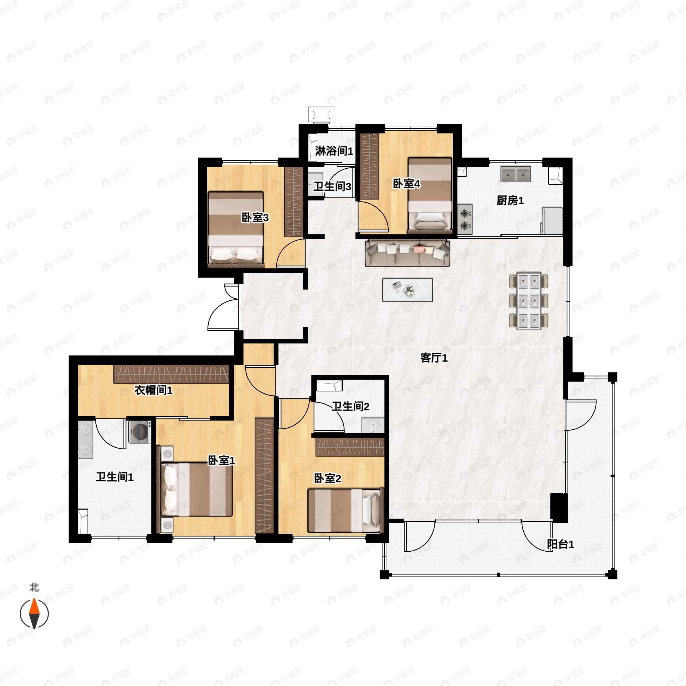 4室2厅3卫建面223m²东南户型图