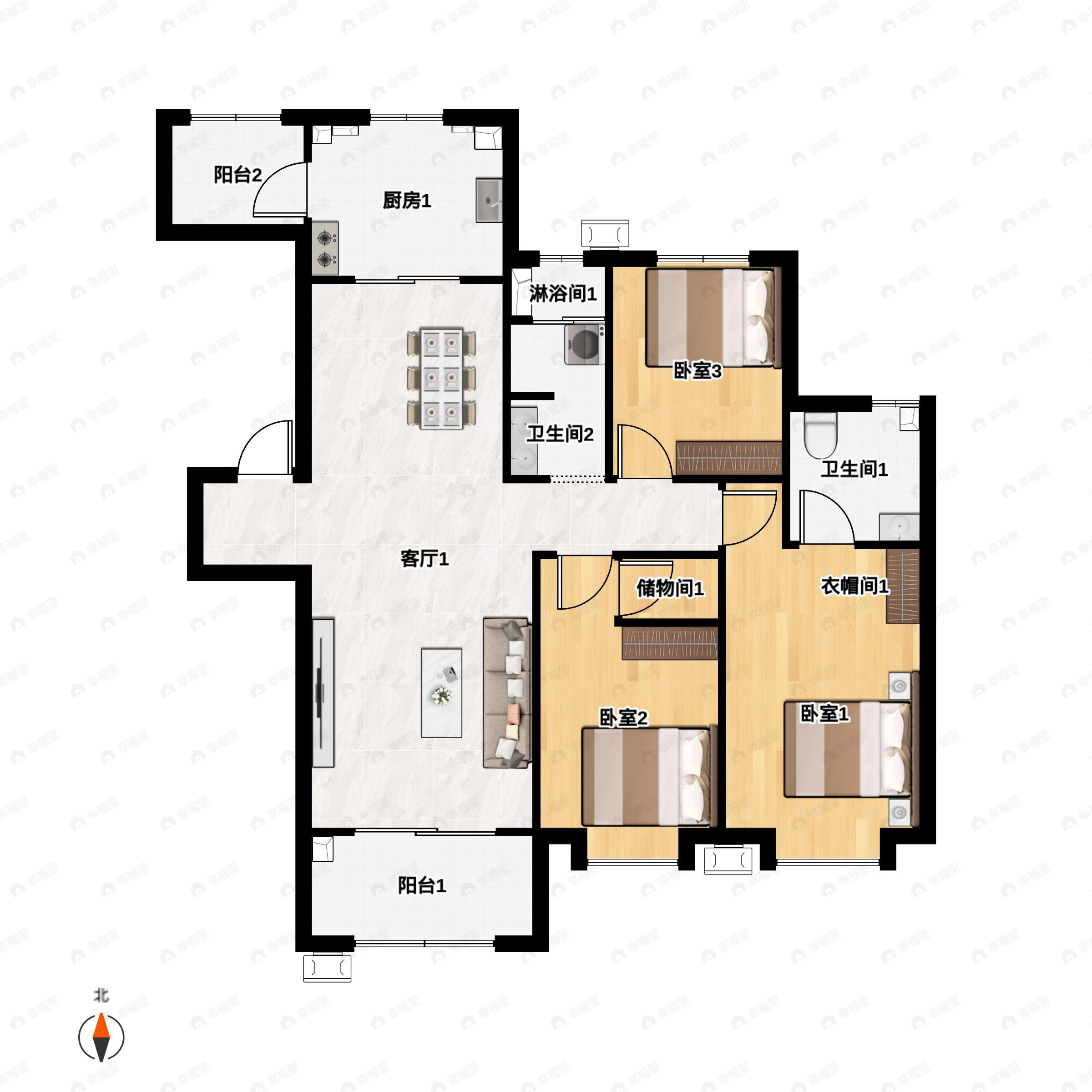 3室2厅2卫建面130m²南|北户型图