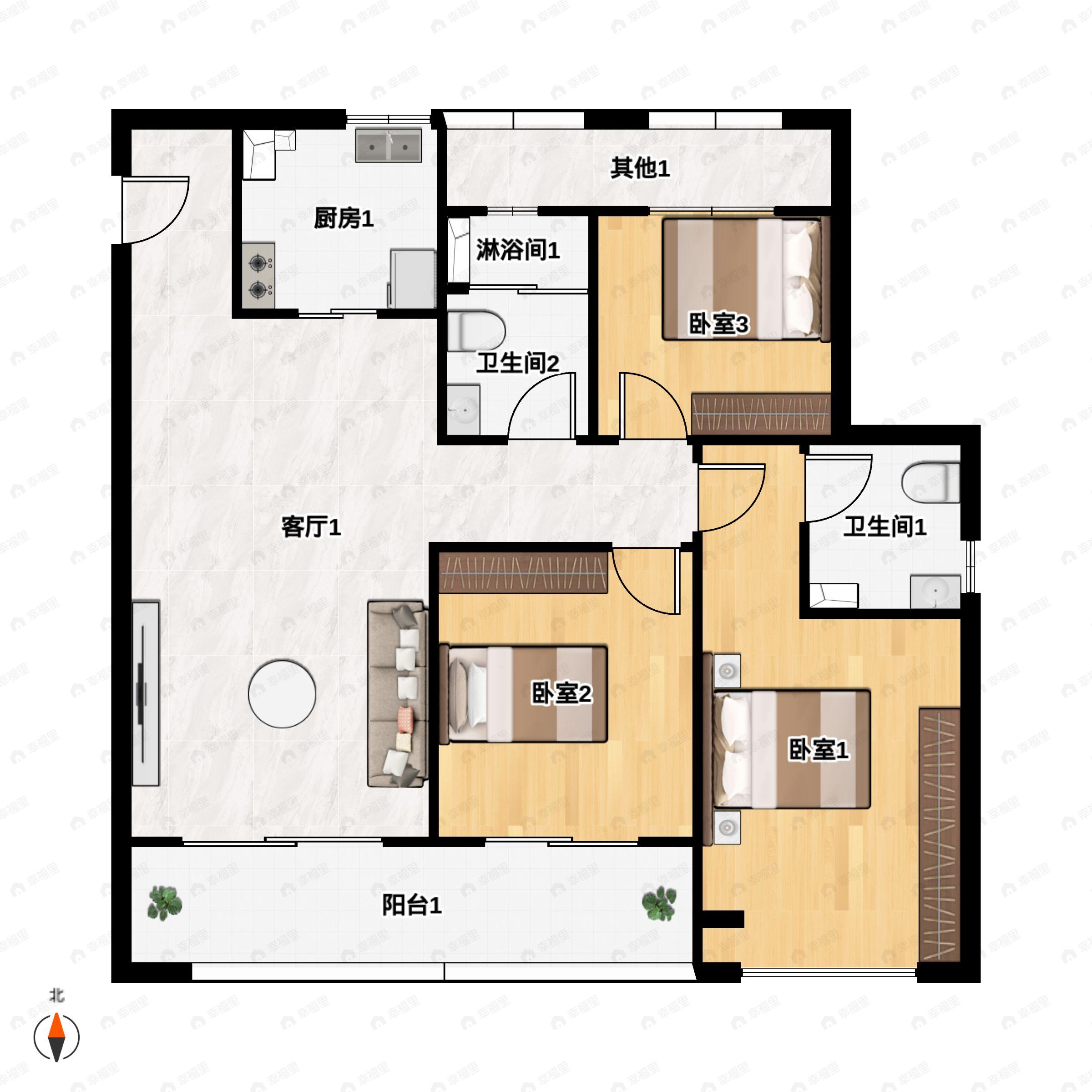 3室2厅2卫建面105平南户型图