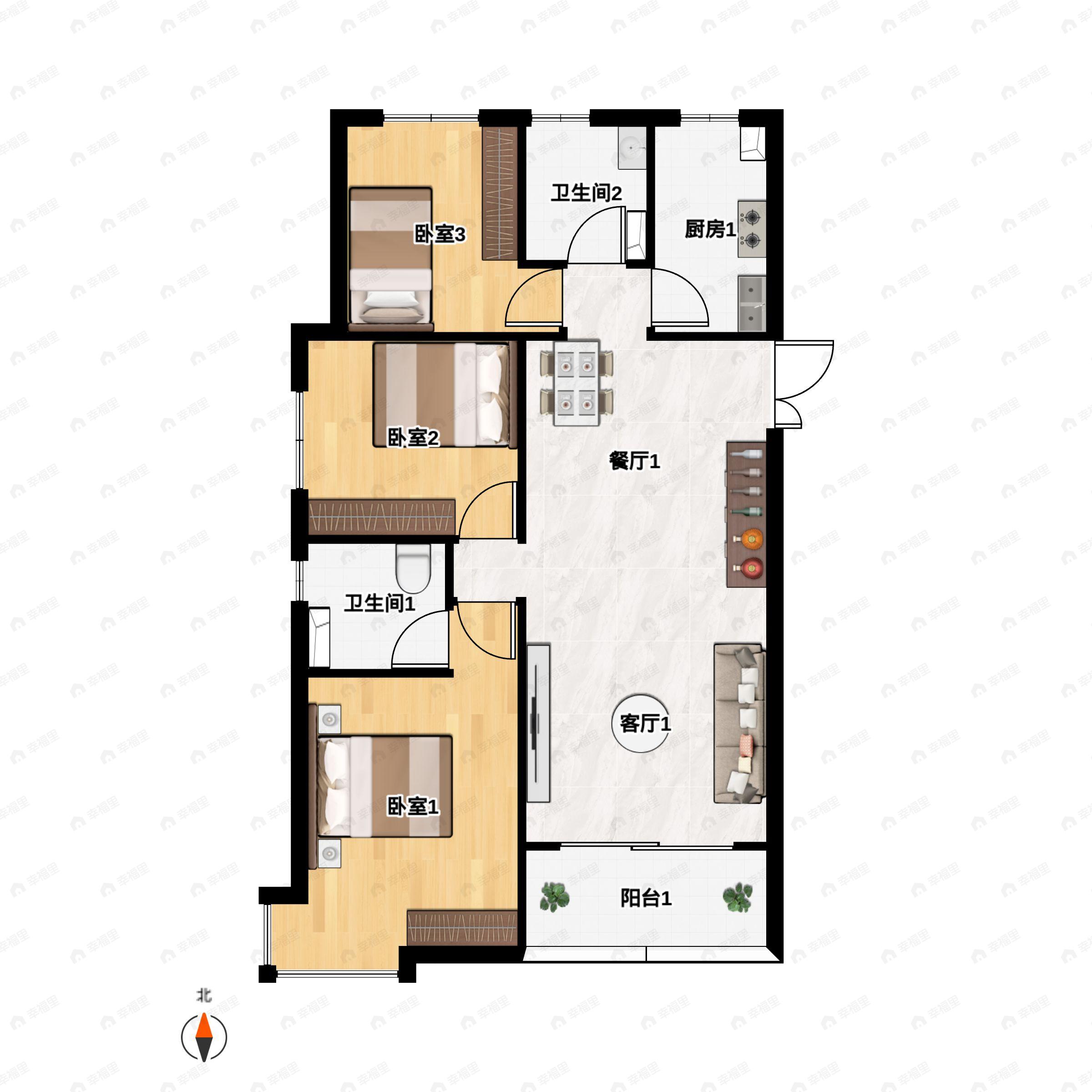 3室2厅2卫建面119平南|北户型图