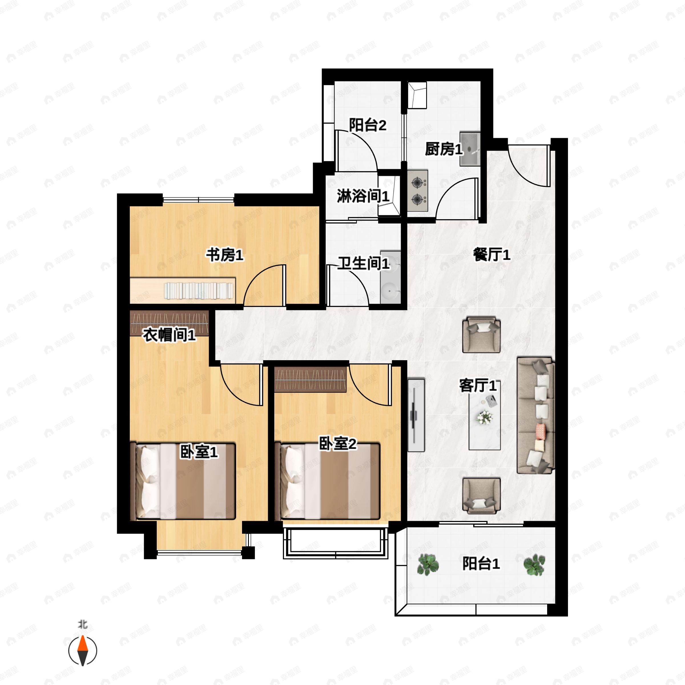 3室2厅1卫建面93m²北|南户型图