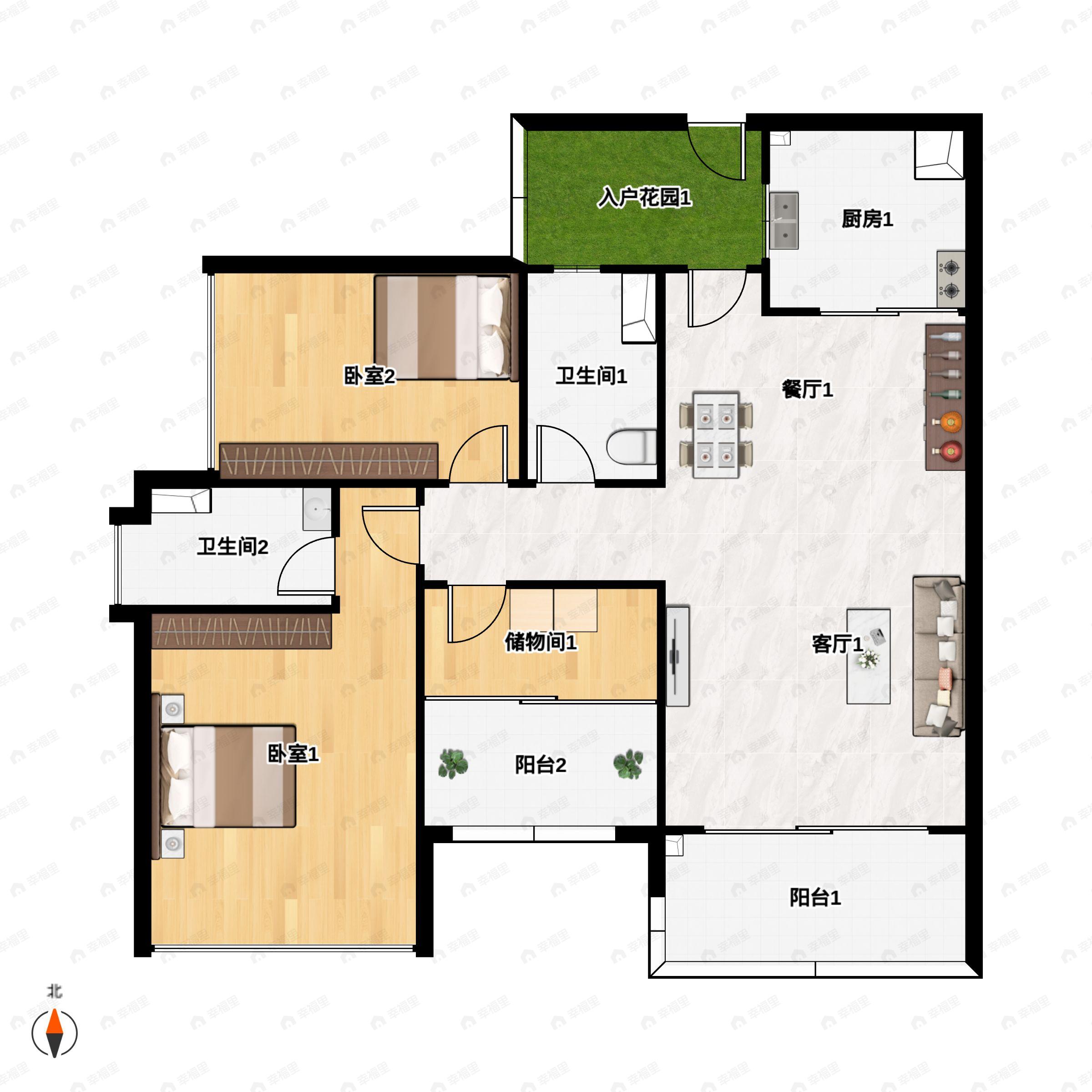 3室2厅2卫建面103平南户型图