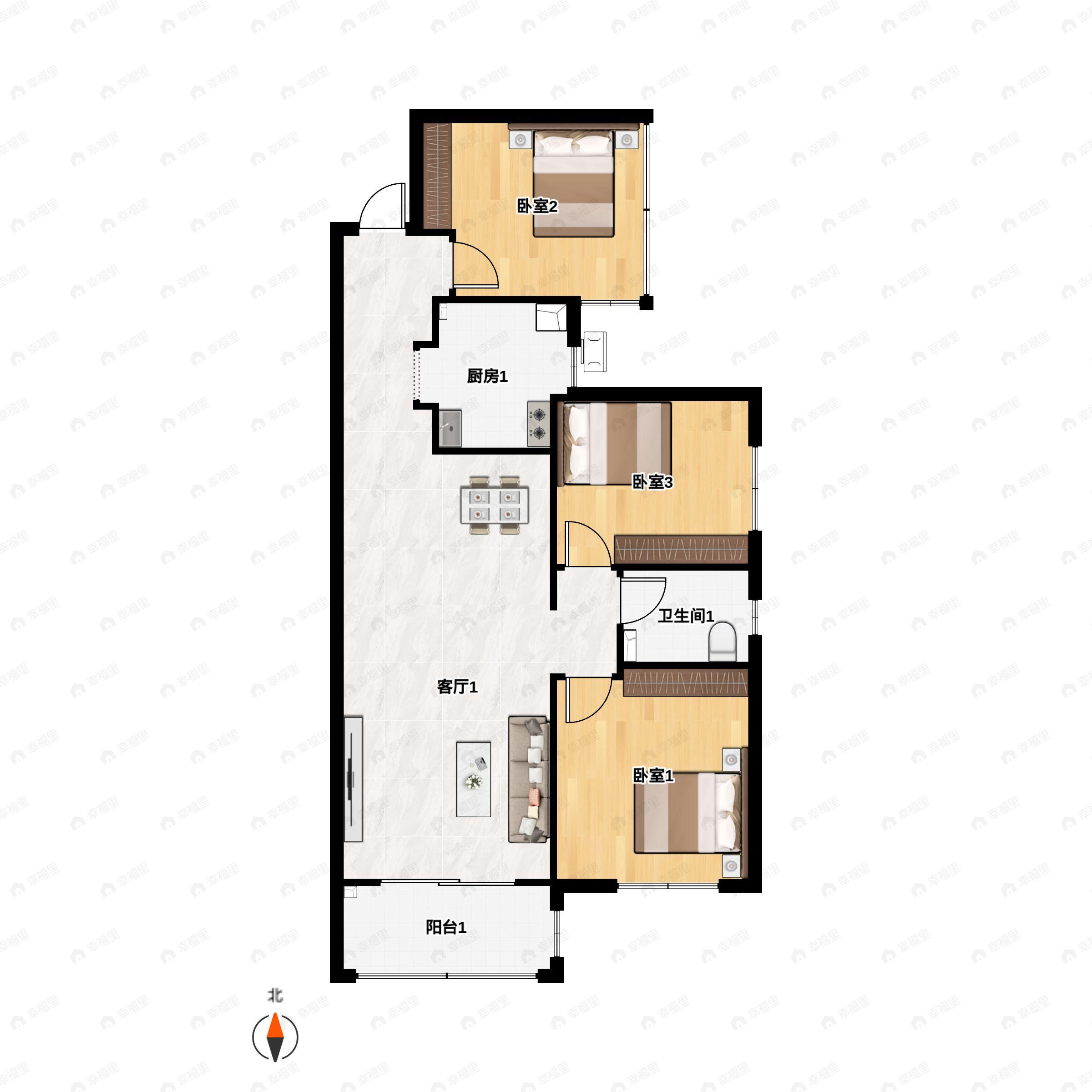 3室2厅1卫建面109m²户型图