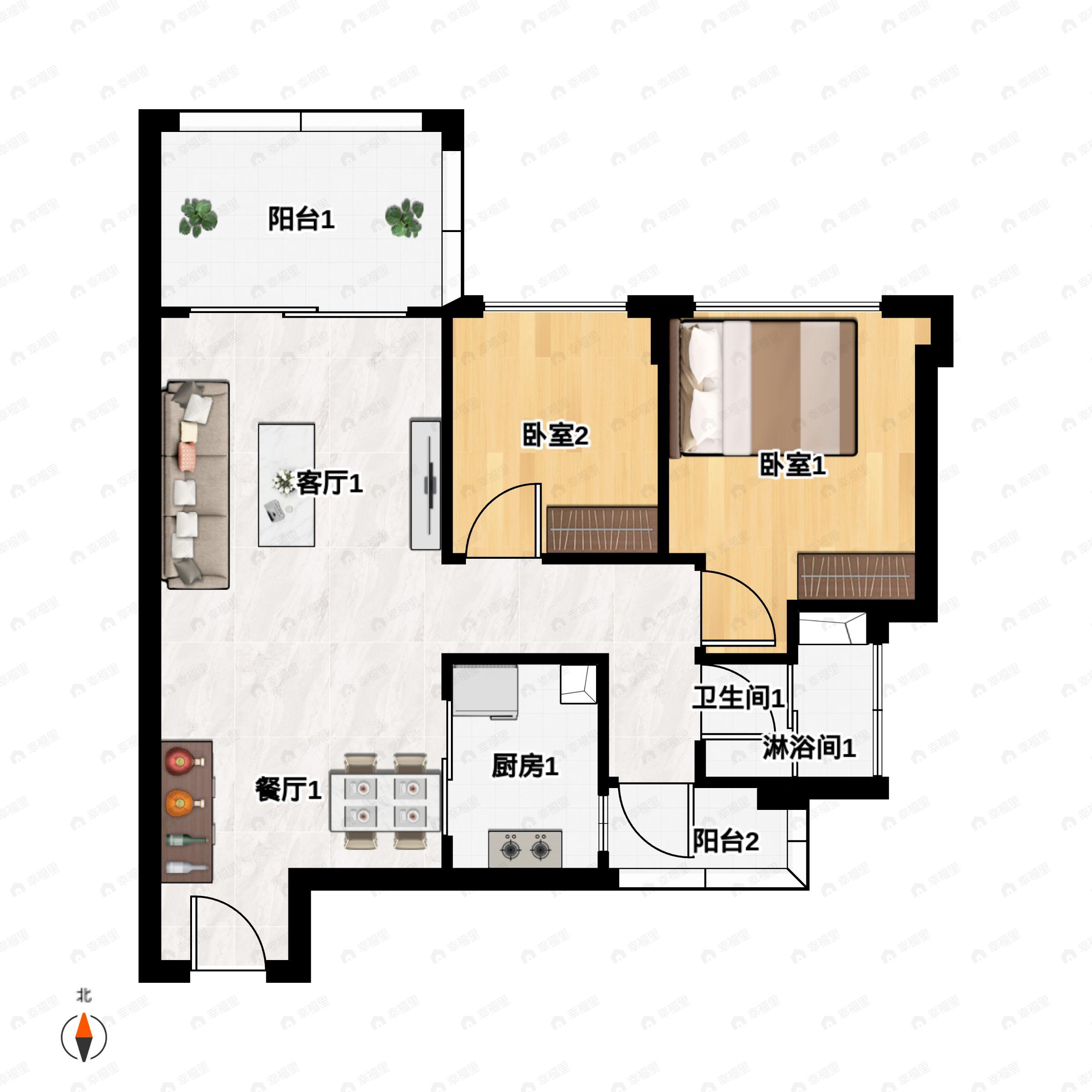 2室2厅1卫建面74平户型图