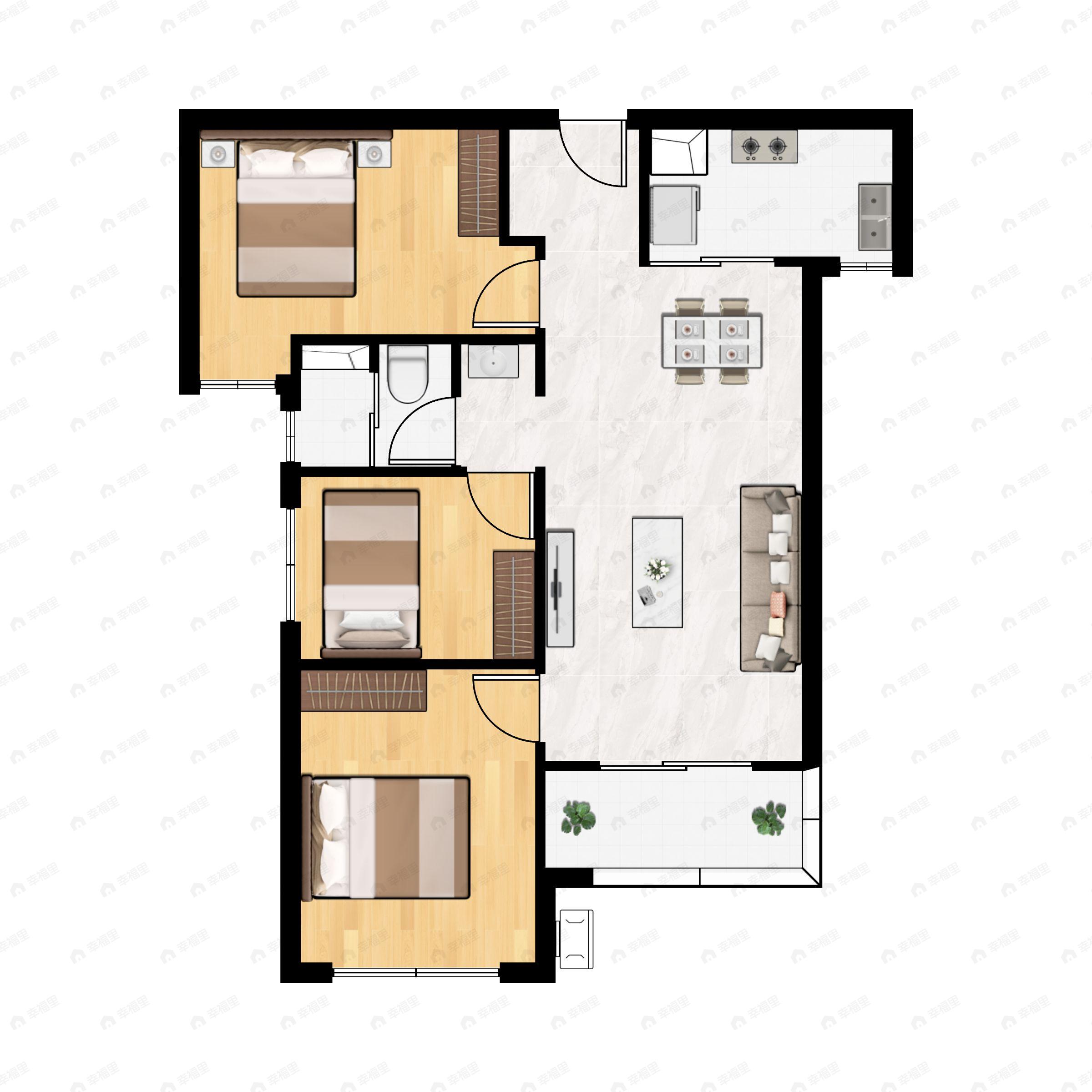 3室2厅1卫建面107m²西|南户型图