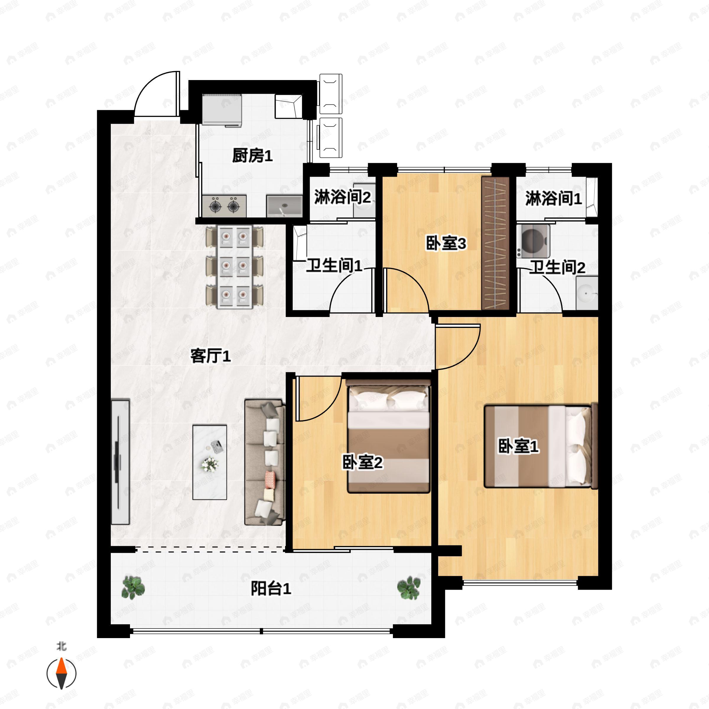 3室2厅2卫建面108m²北|南户型图