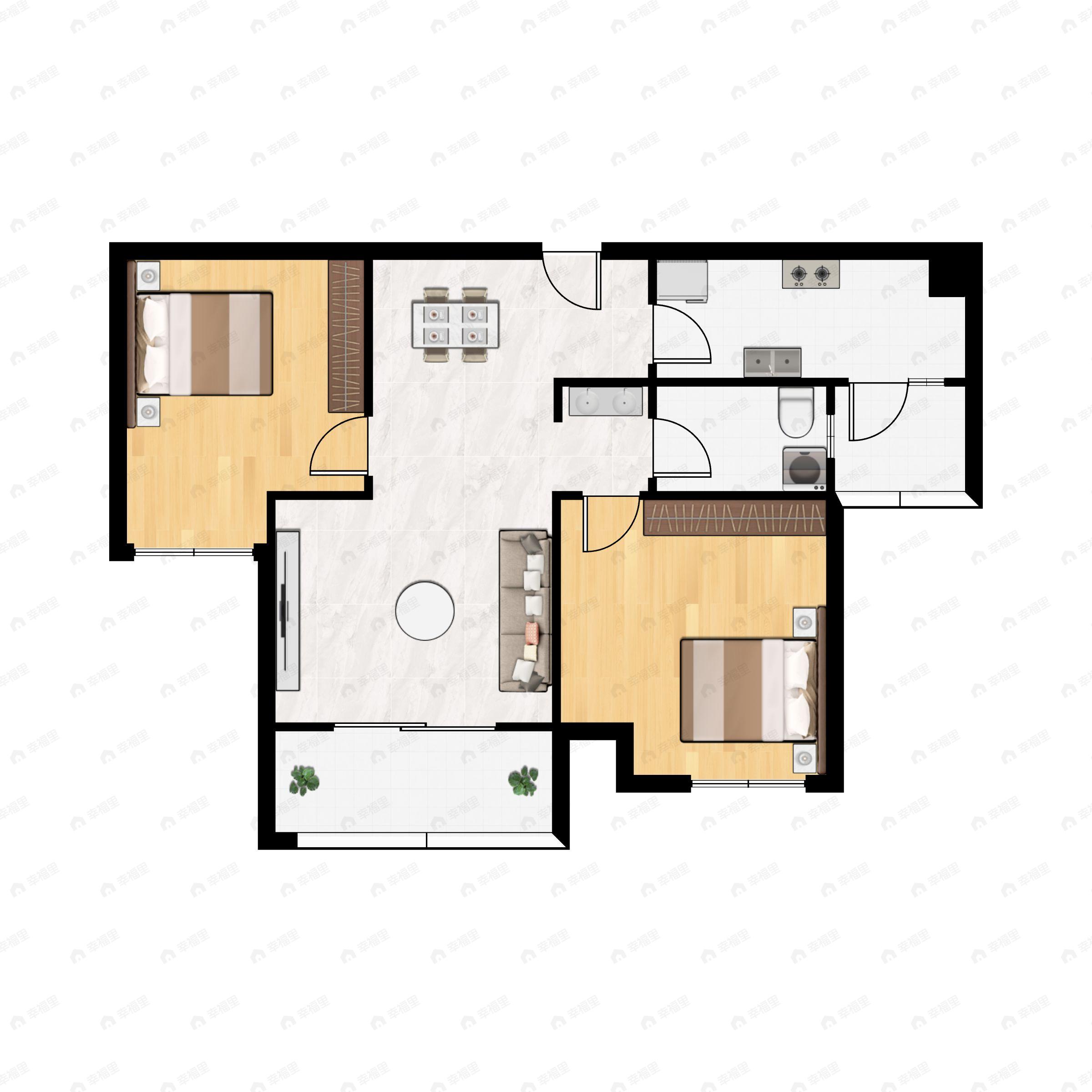 2室2厅1卫建面77m²南户型图