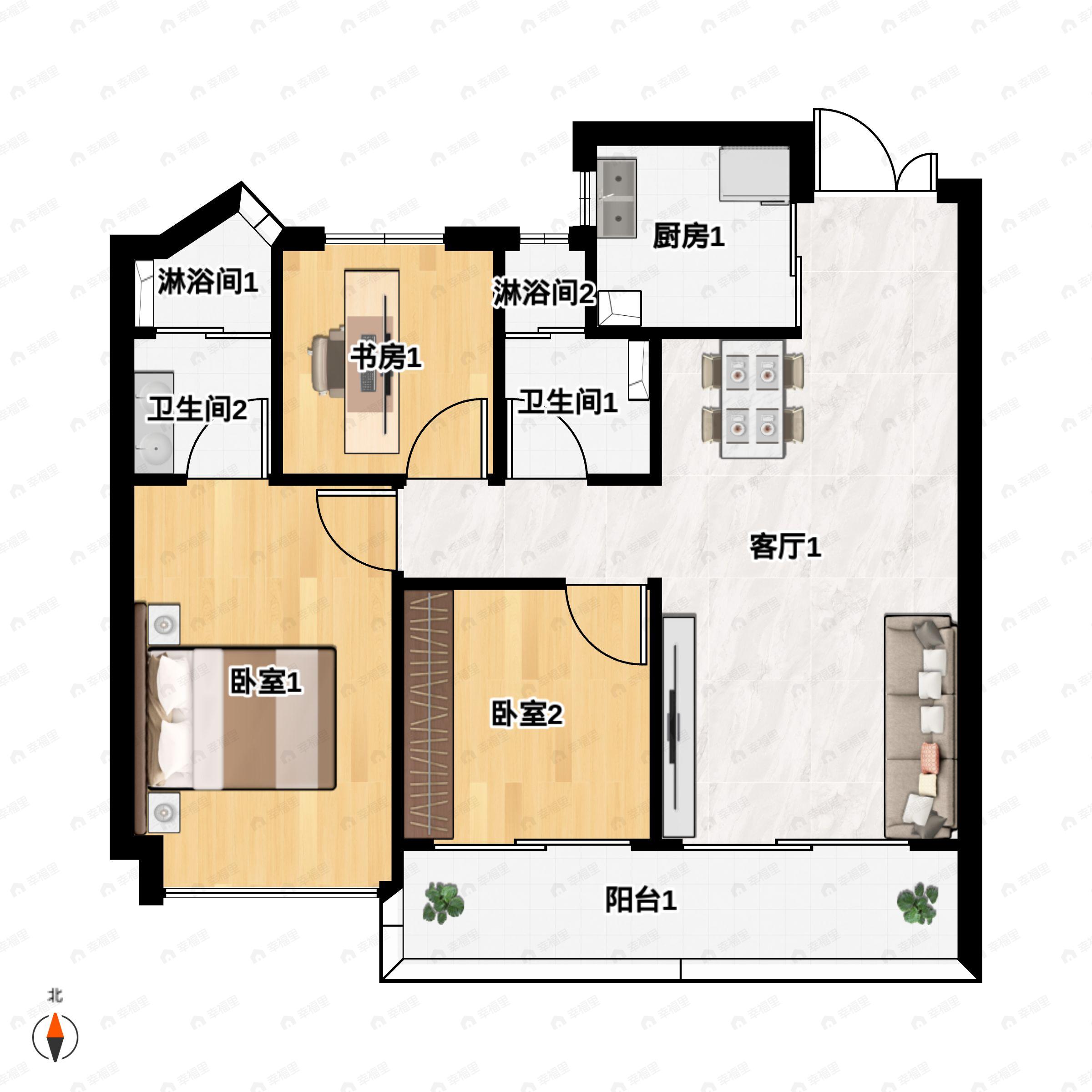 3室2厅1卫建面89平南户型图