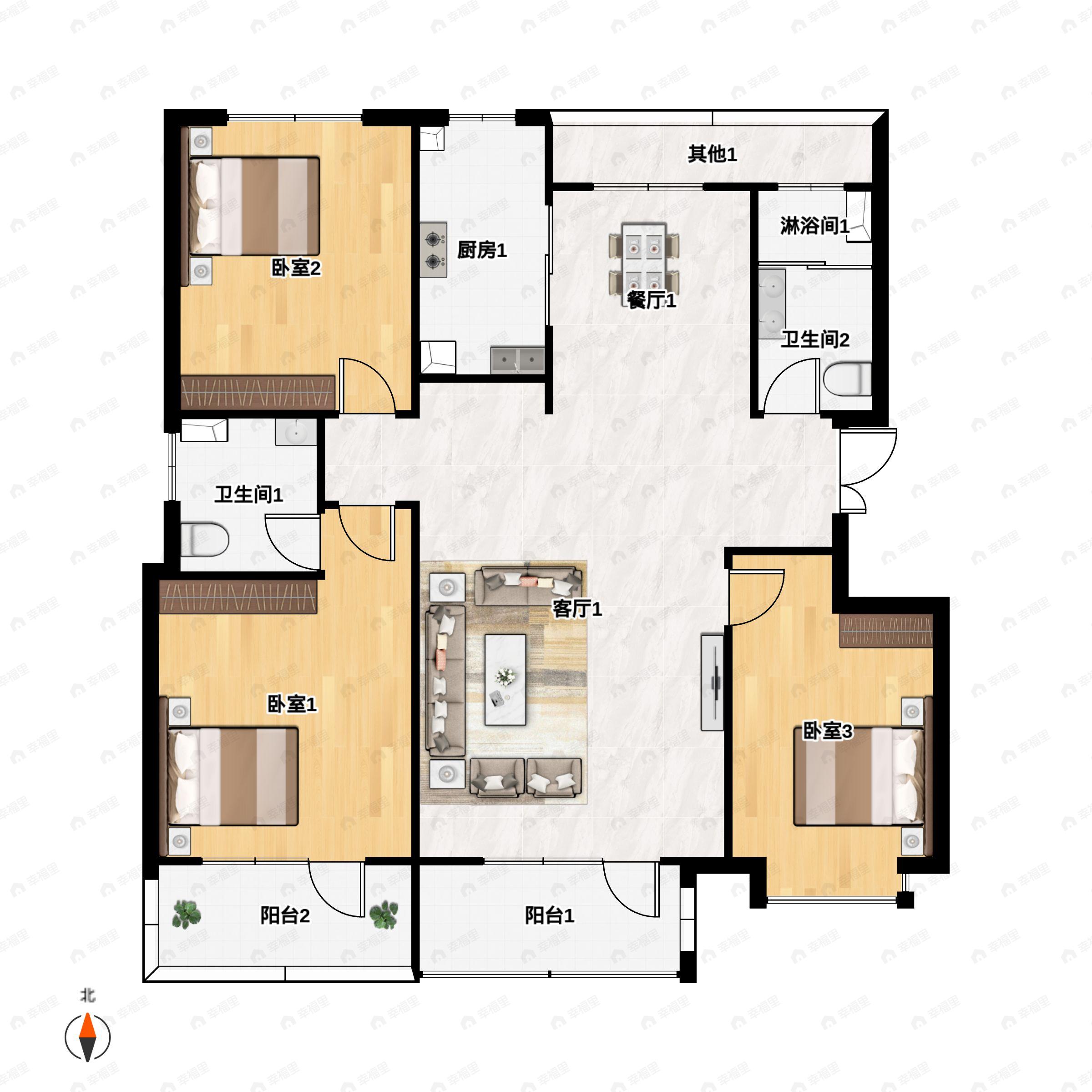 3室2厅2卫建面134平南|北户型图