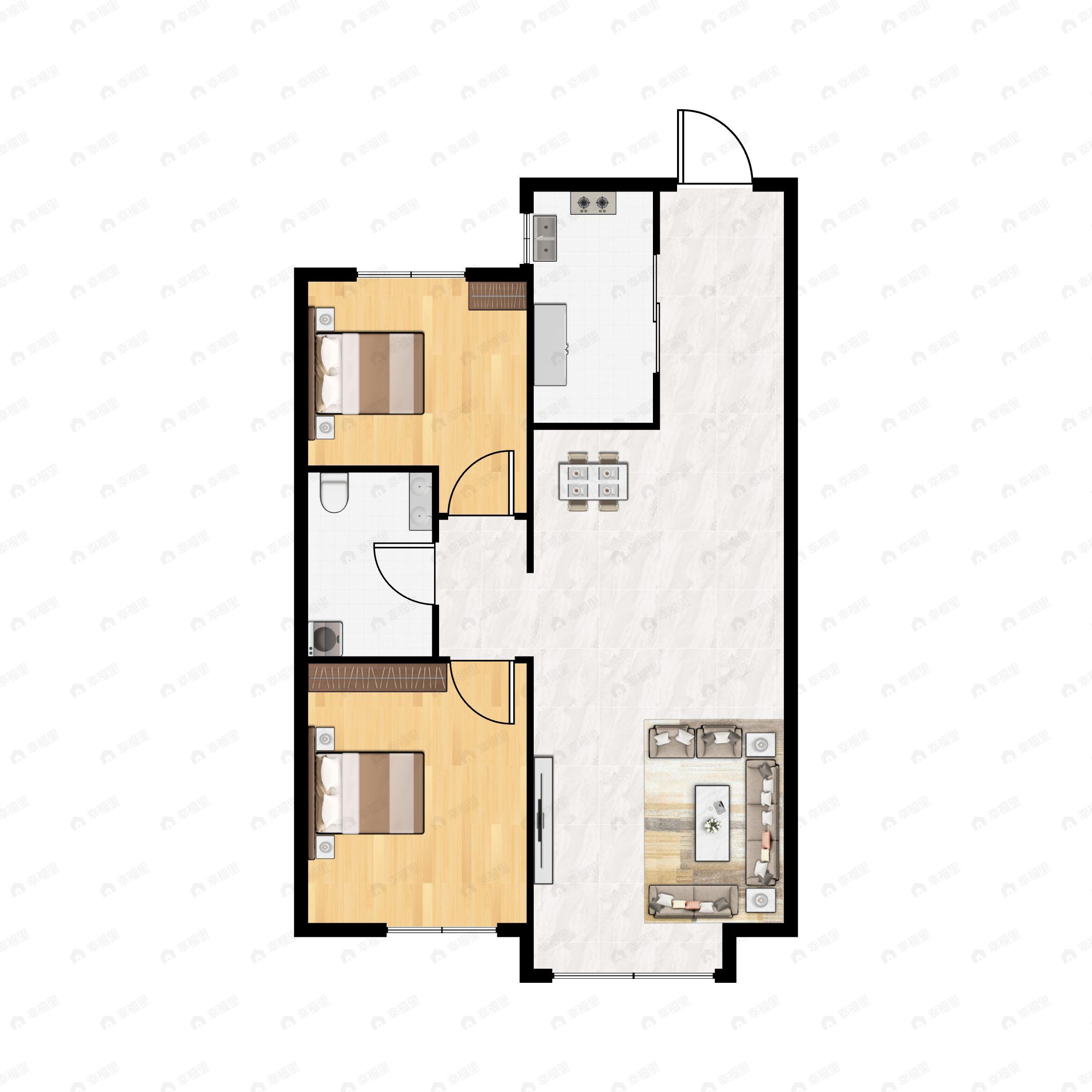 2室2厅1卫建面77m²北|南户型图