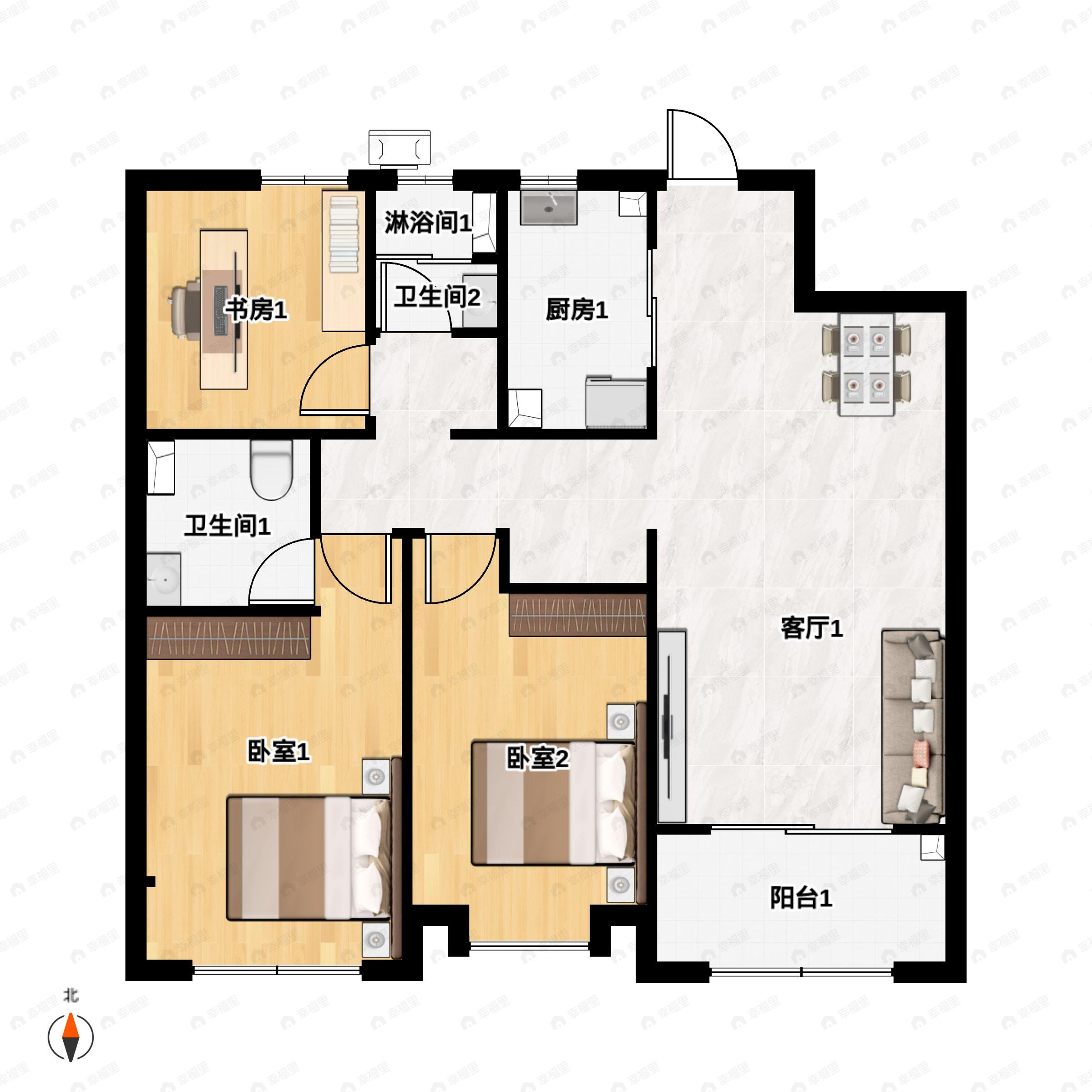 3室2厅2卫建面108m²南|北户型图