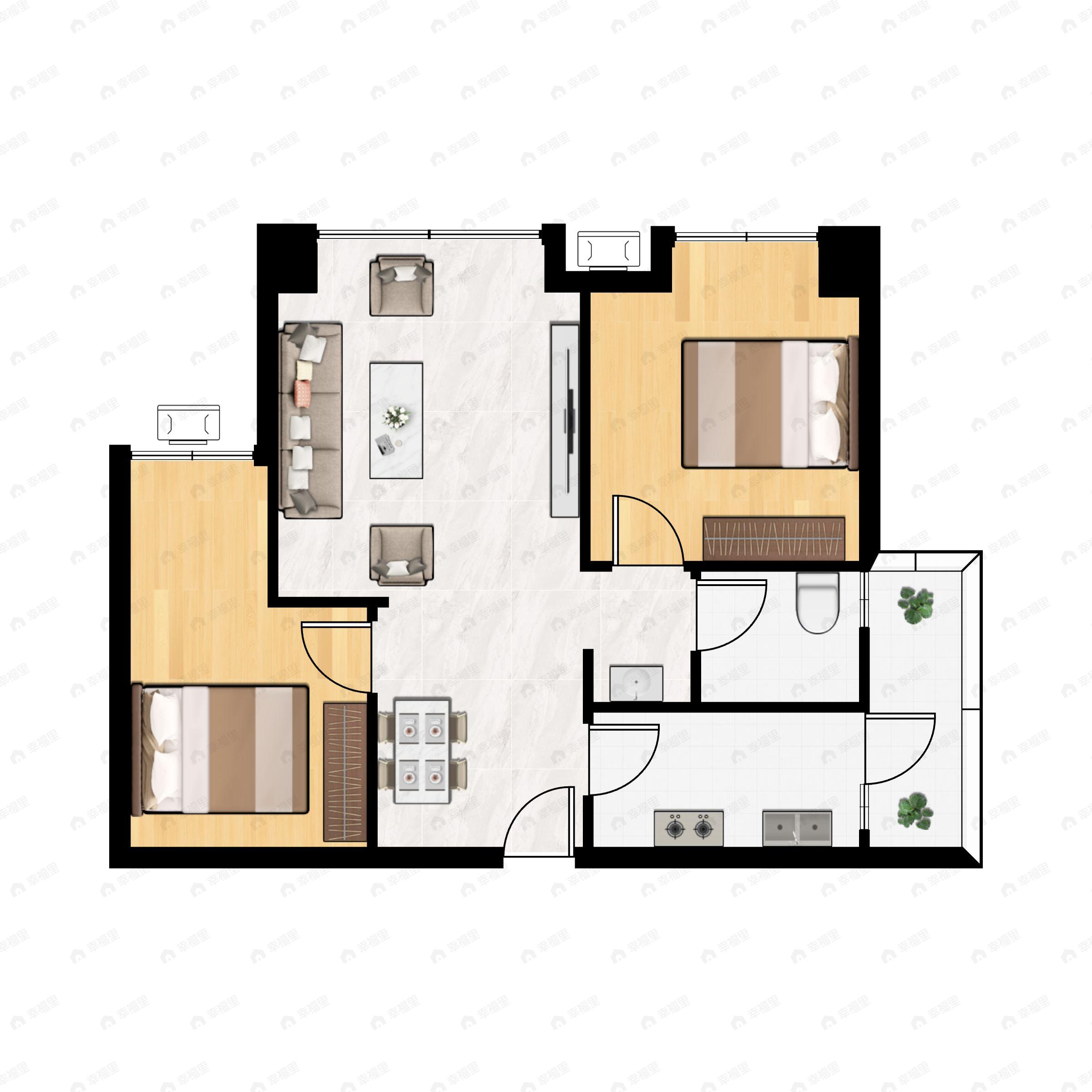 2室2厅1卫建面65m²南户型图