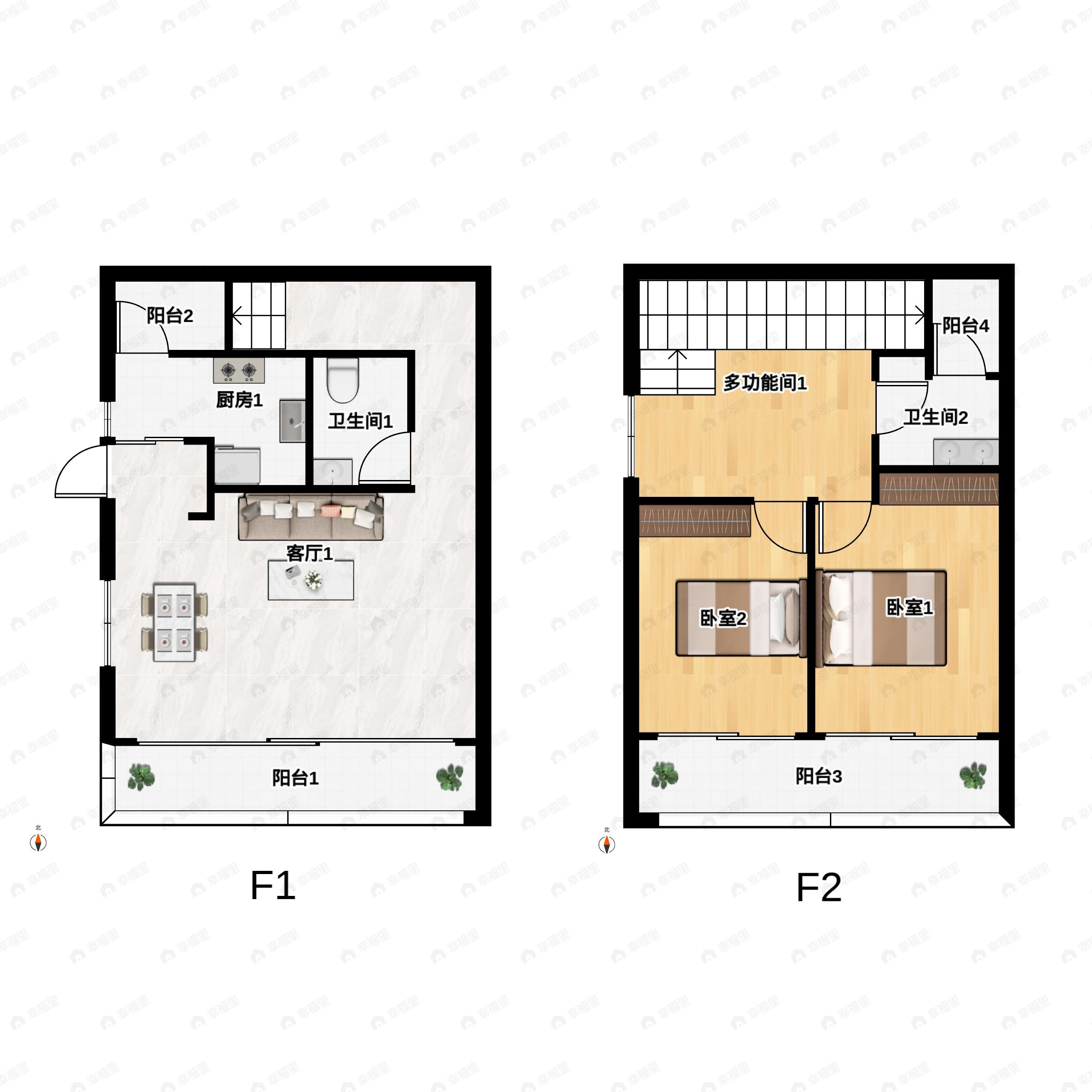 2室2厅2卫建面85平北|南户型图