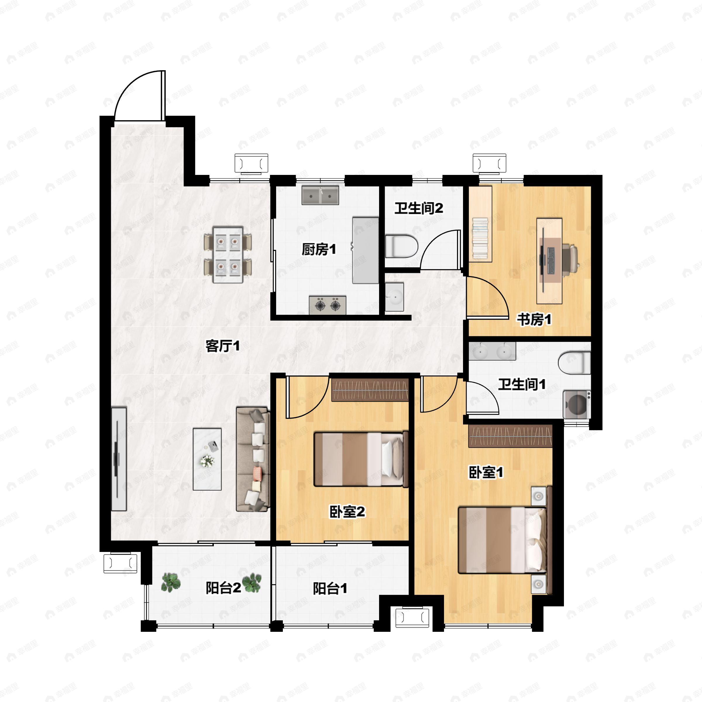 3室2厅2卫建面111m²南户型图
