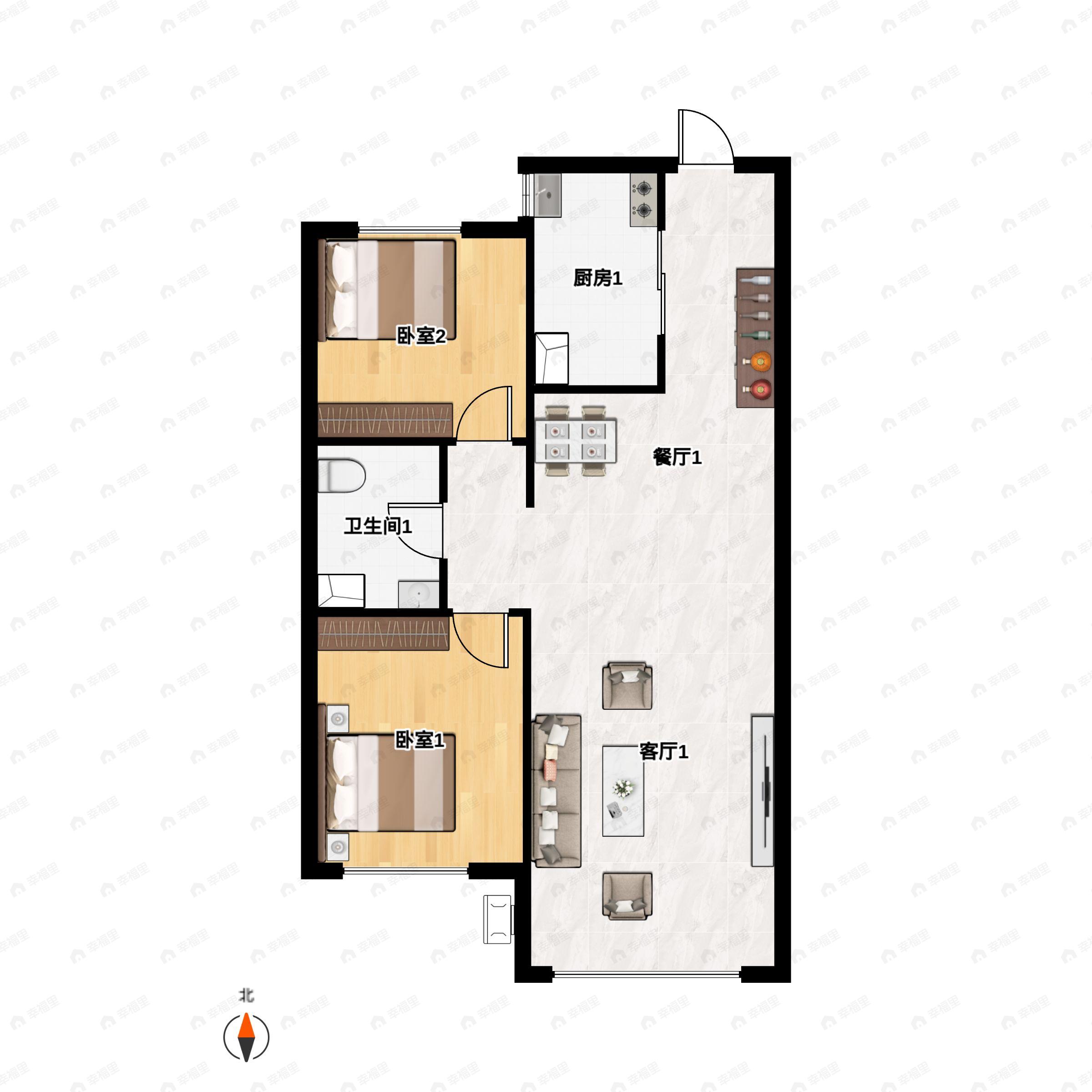 2室2厅1卫建面90m²南户型图